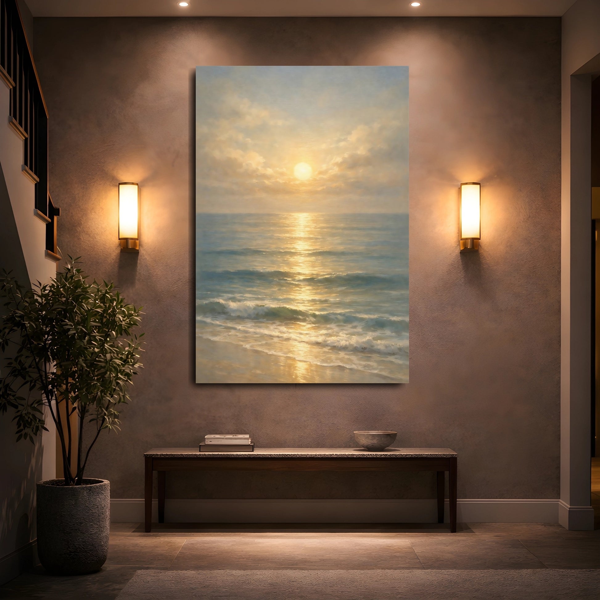 Mockup 4. Nature Ocean Sunset Golden Ocean Sunset shown as stretched canvas wall art