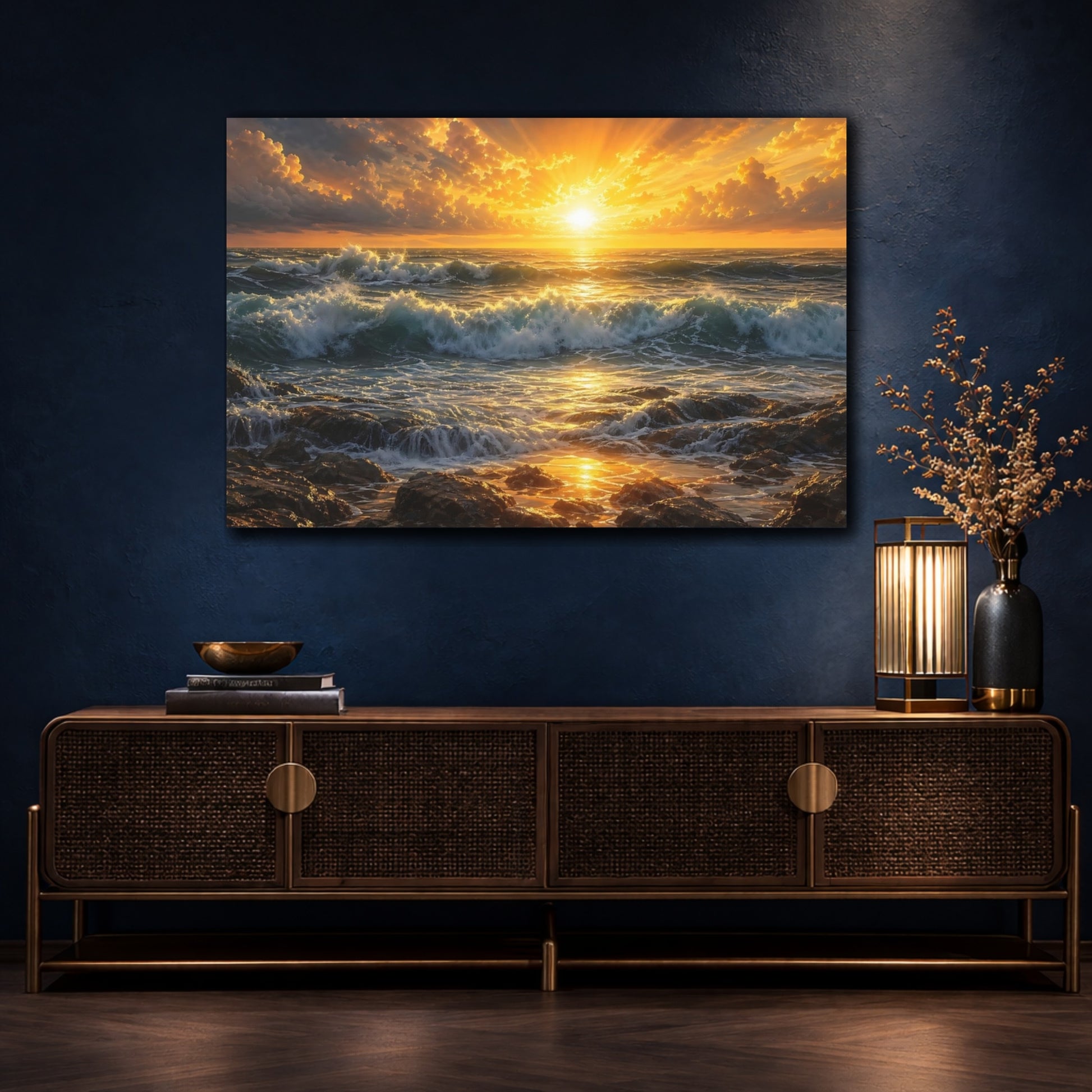Mockup 4. Nature Ocean Sunset Golden Ocean Sunset shown as stretched canvas wall art
