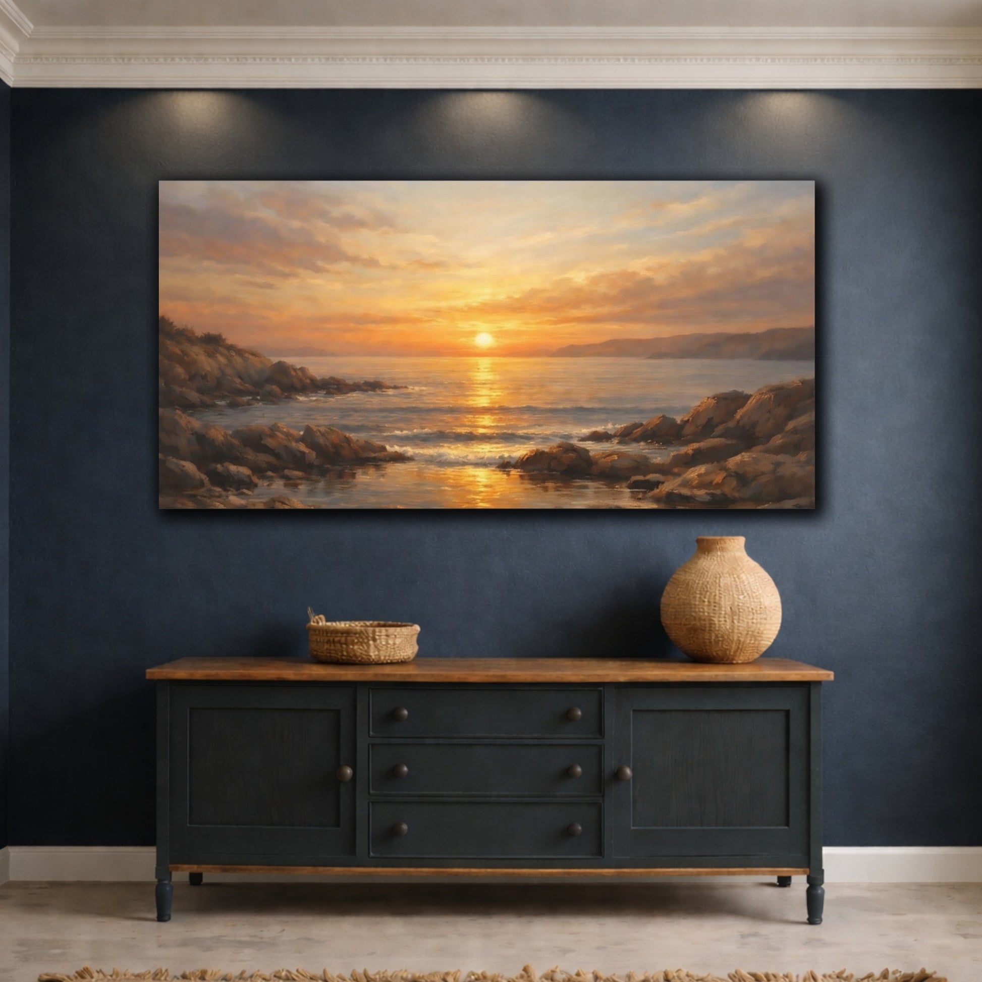 Mockup 4. Nature Ocean Sunset Golden Ocean Sunset shown as stretched canvas wall art