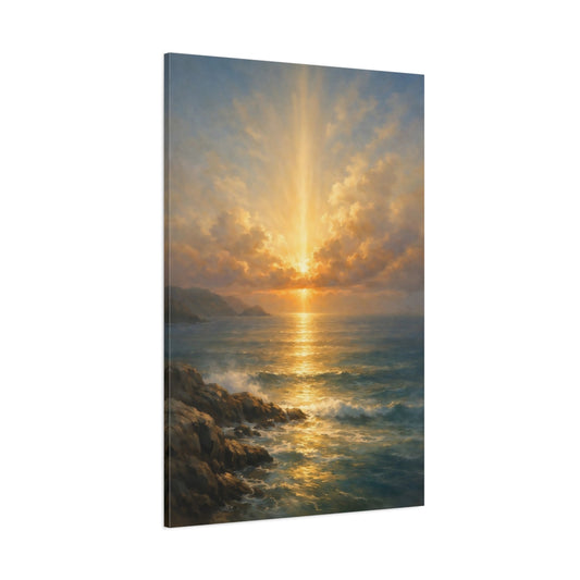 Main Mockup. Nature Ocean Sunset Golden Seascape shown as stretched canvas wall art