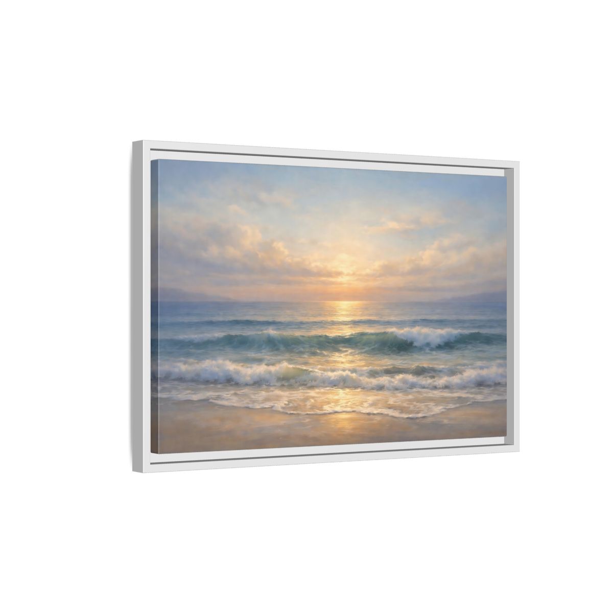 Side Mockup 1. Nature Ocean Sunset Golden Seascape shown as stretched canvas wall art