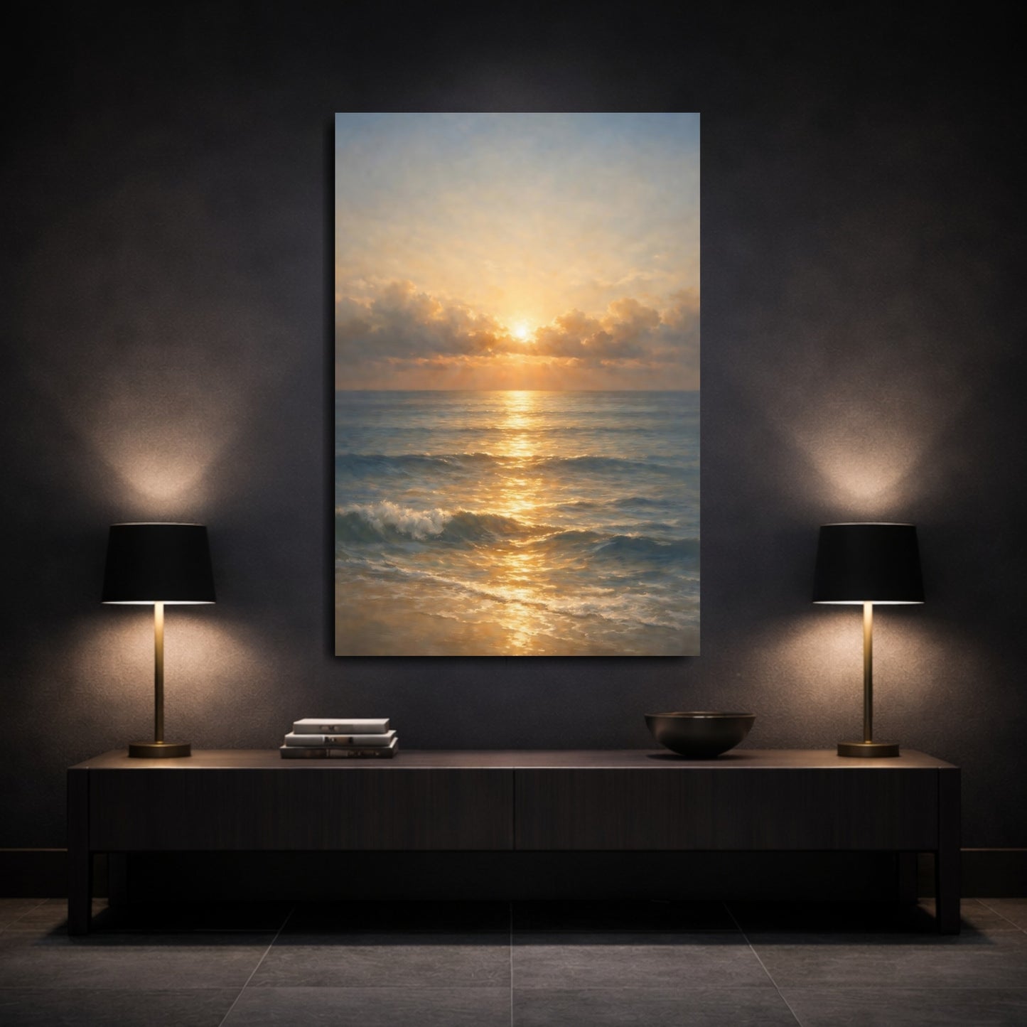 Mockup 2. Nature Ocean Sunset Golden Seascape shown as stretched canvas wall art