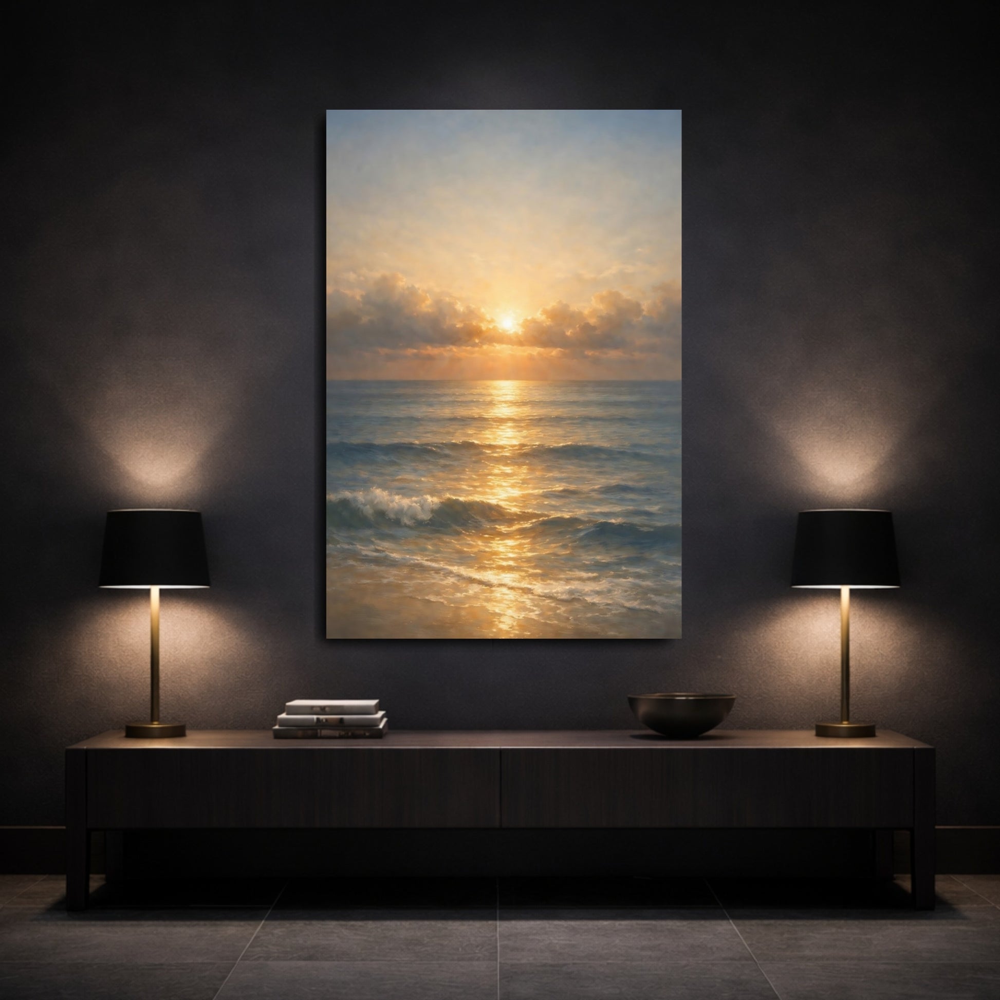 Mockup 2. Nature Ocean Sunset Golden Seascape shown as stretched canvas wall art