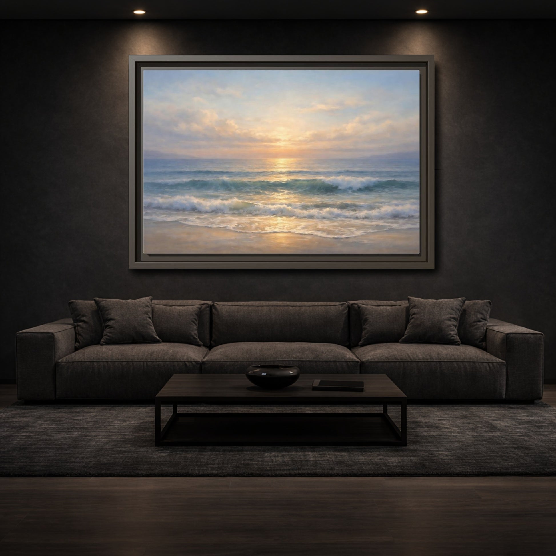 Mockup 2. Nature Ocean Sunset Golden Seascape shown as stretched canvas wall art