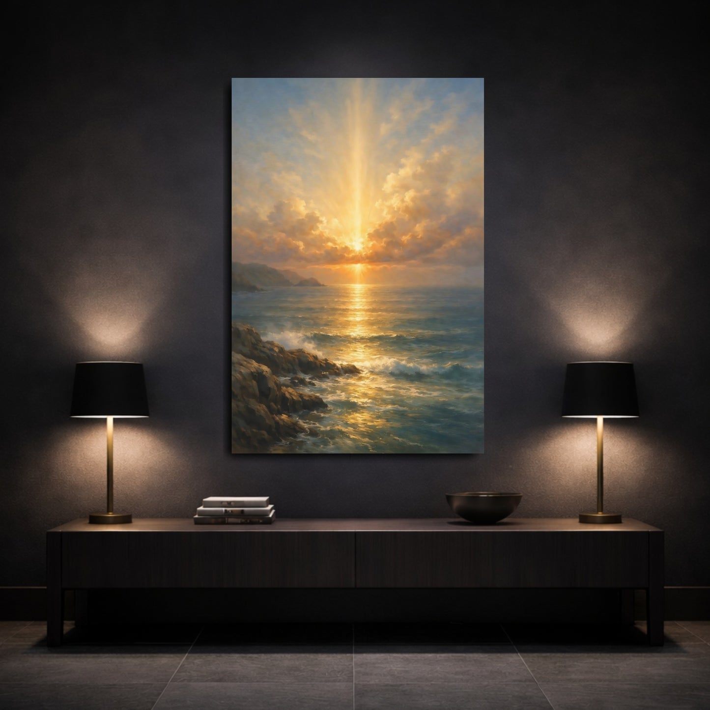 Mockup 2. Nature Ocean Sunset Golden Seascape shown as stretched canvas wall art