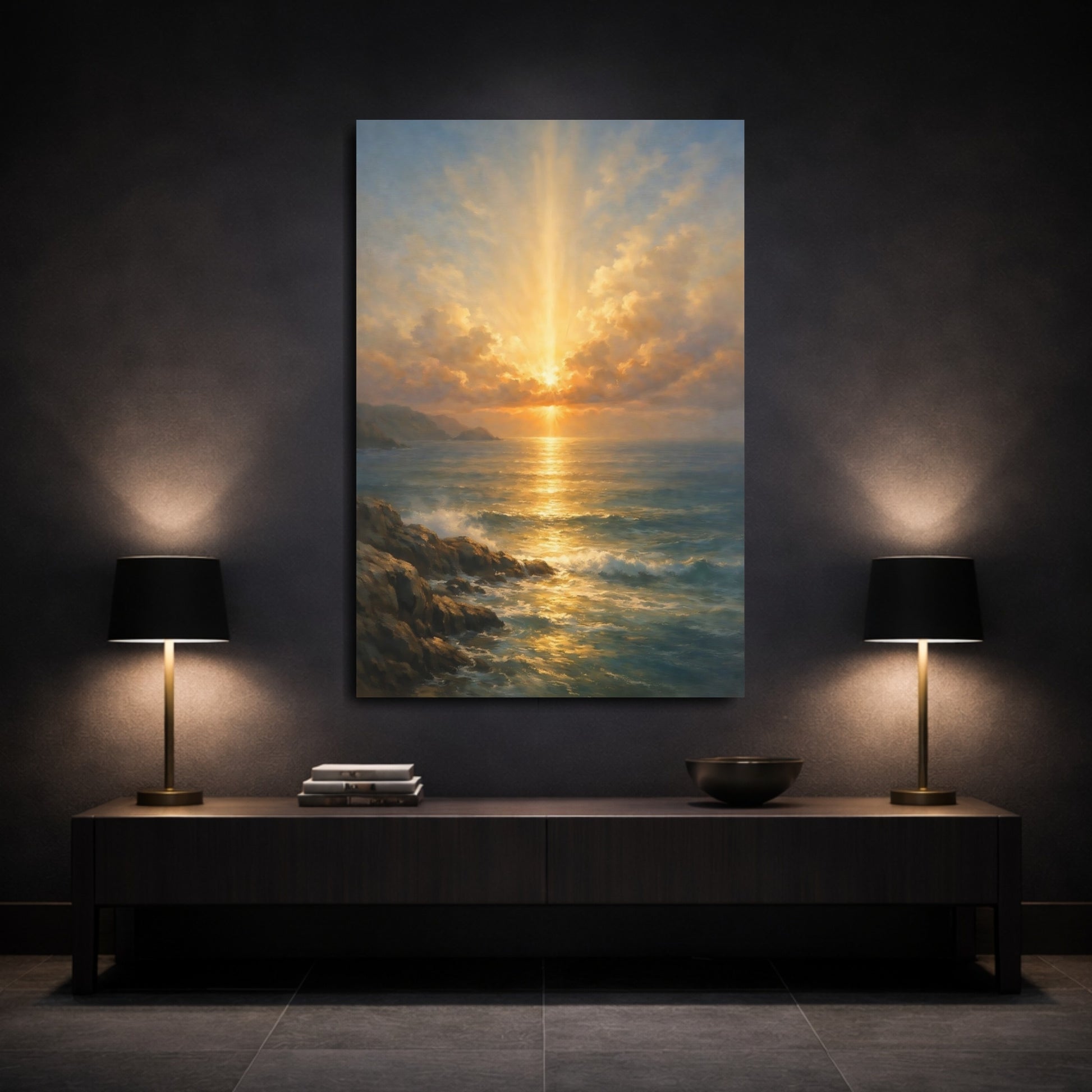 Mockup 2. Nature Ocean Sunset Golden Seascape shown as stretched canvas wall art