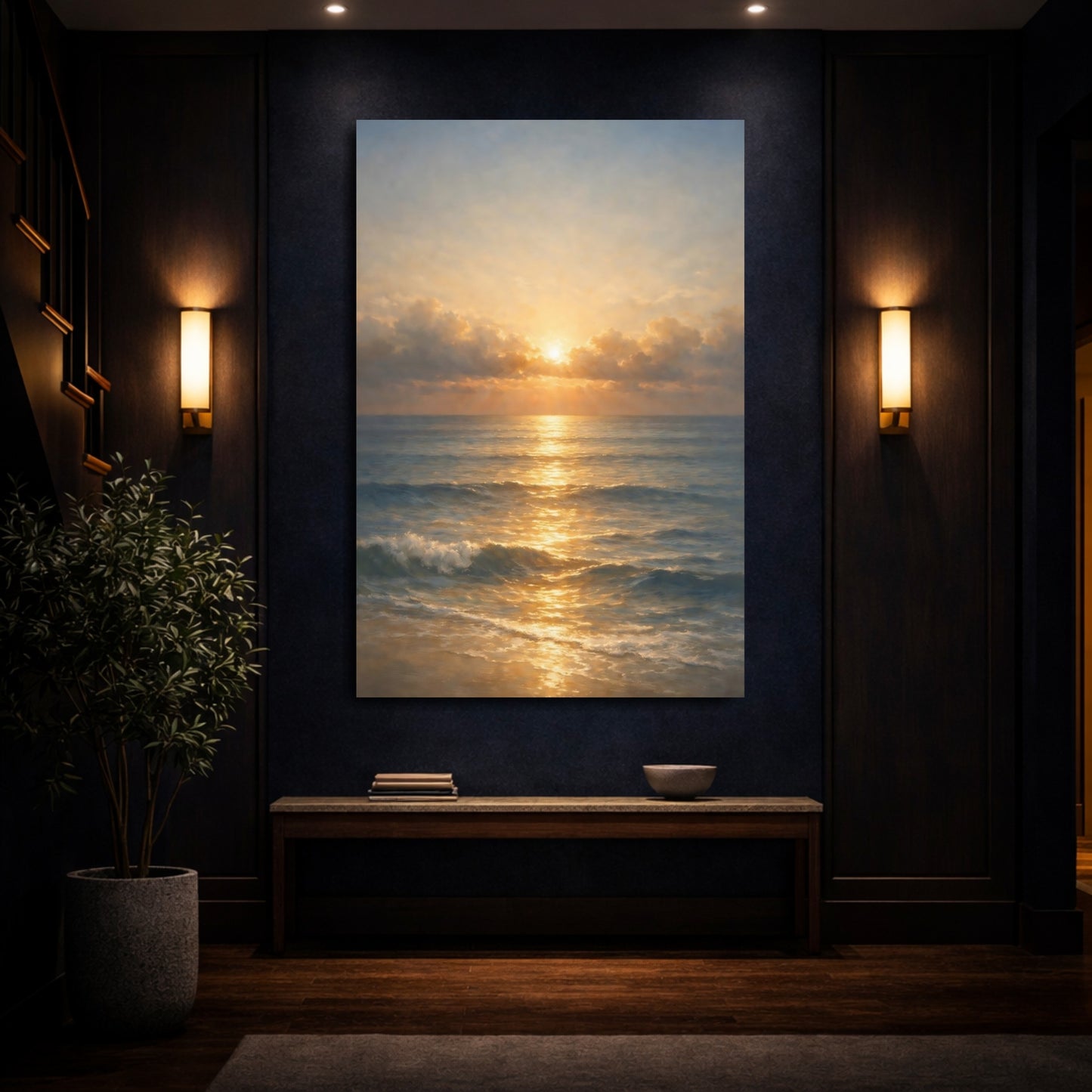Mockup 3. Nature Ocean Sunset Golden Seascape shown as stretched canvas wall art