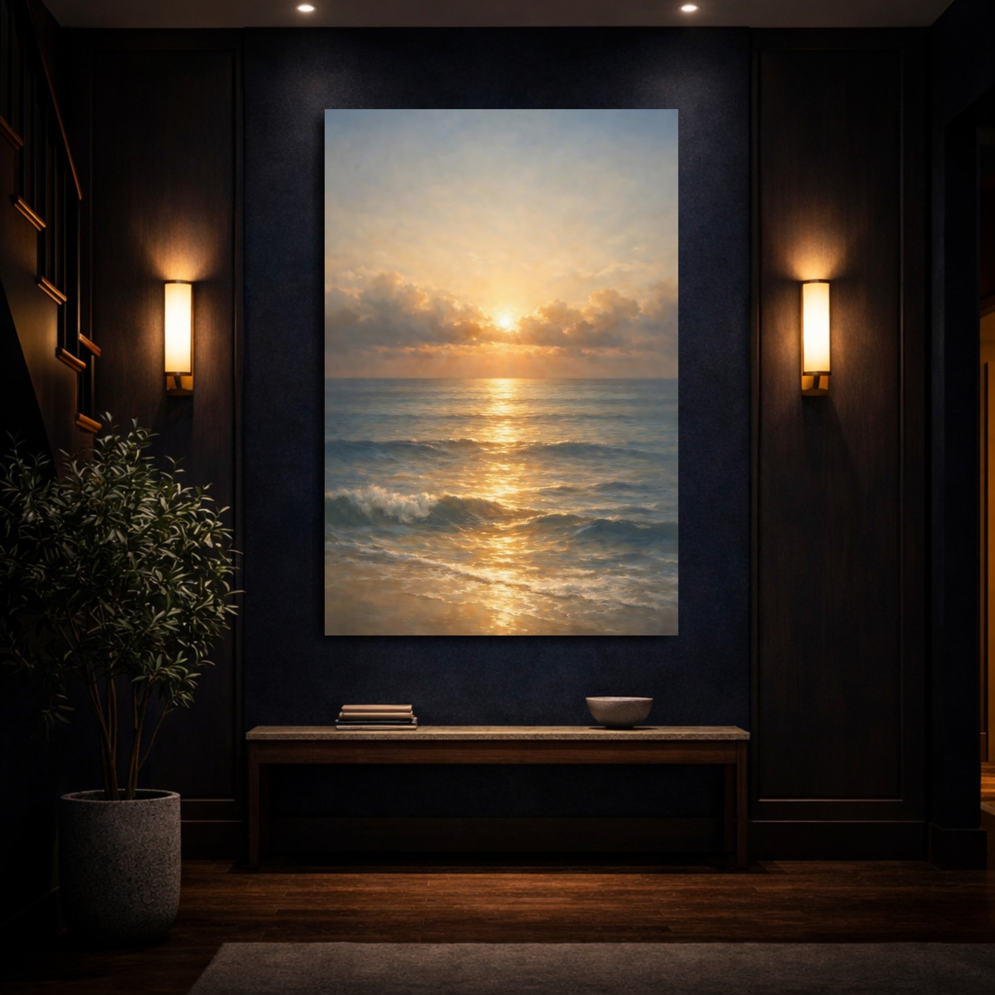 Mockup 3. Nature Ocean Sunset Golden Seascape shown as stretched canvas wall art