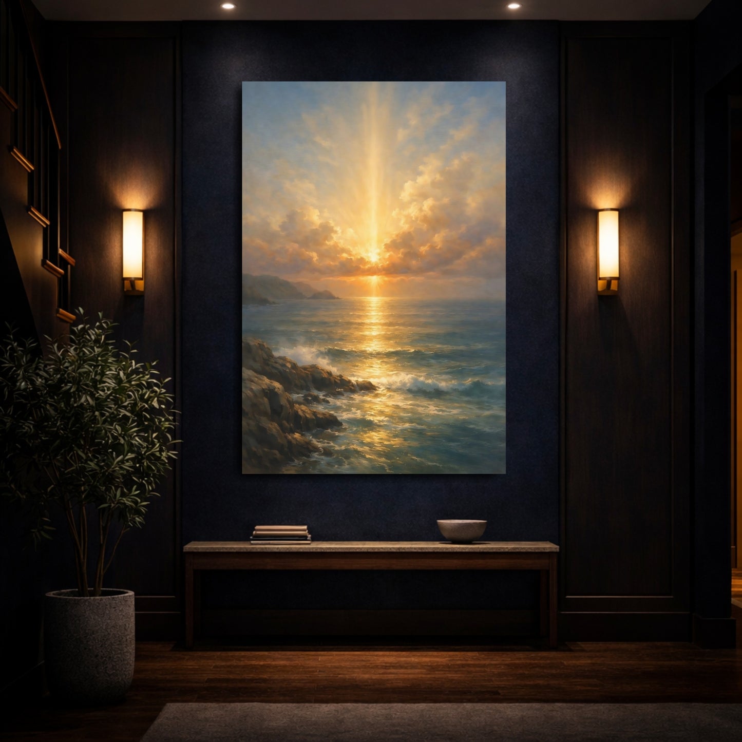 Mockup 3. Nature Ocean Sunset Golden Seascape shown as stretched canvas wall art