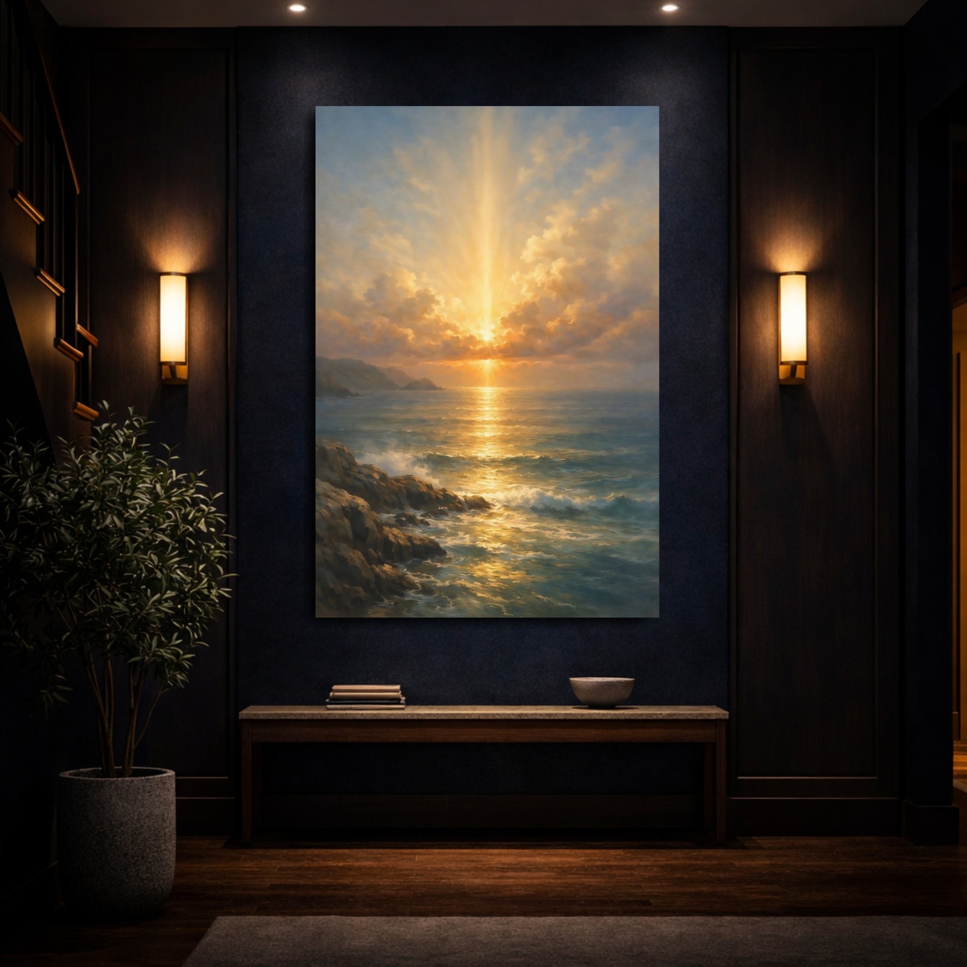Mockup 3. Nature Ocean Sunset Golden Seascape shown as stretched canvas wall art