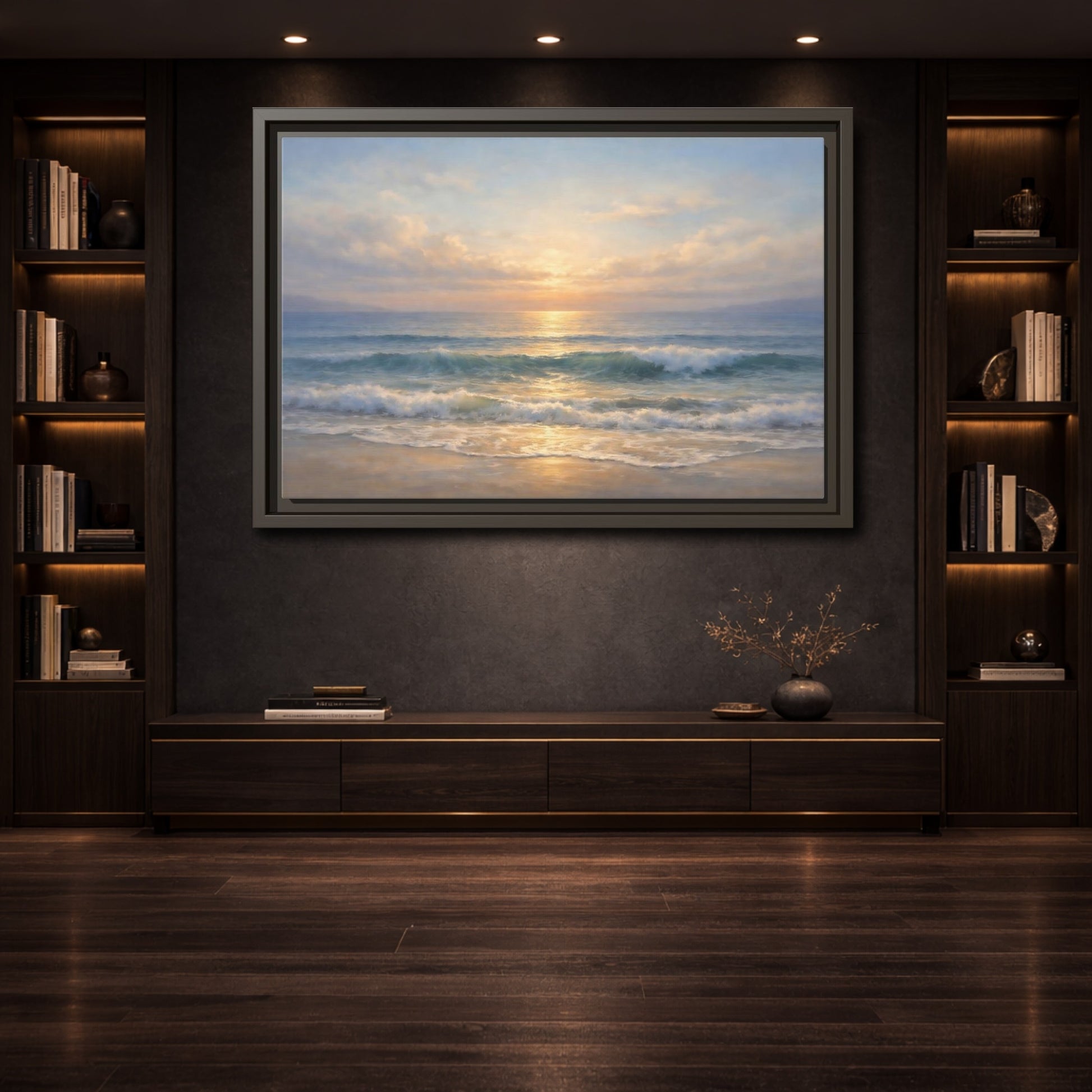 Mockup 3. Nature Ocean Sunset Golden Seascape shown as stretched canvas wall art
