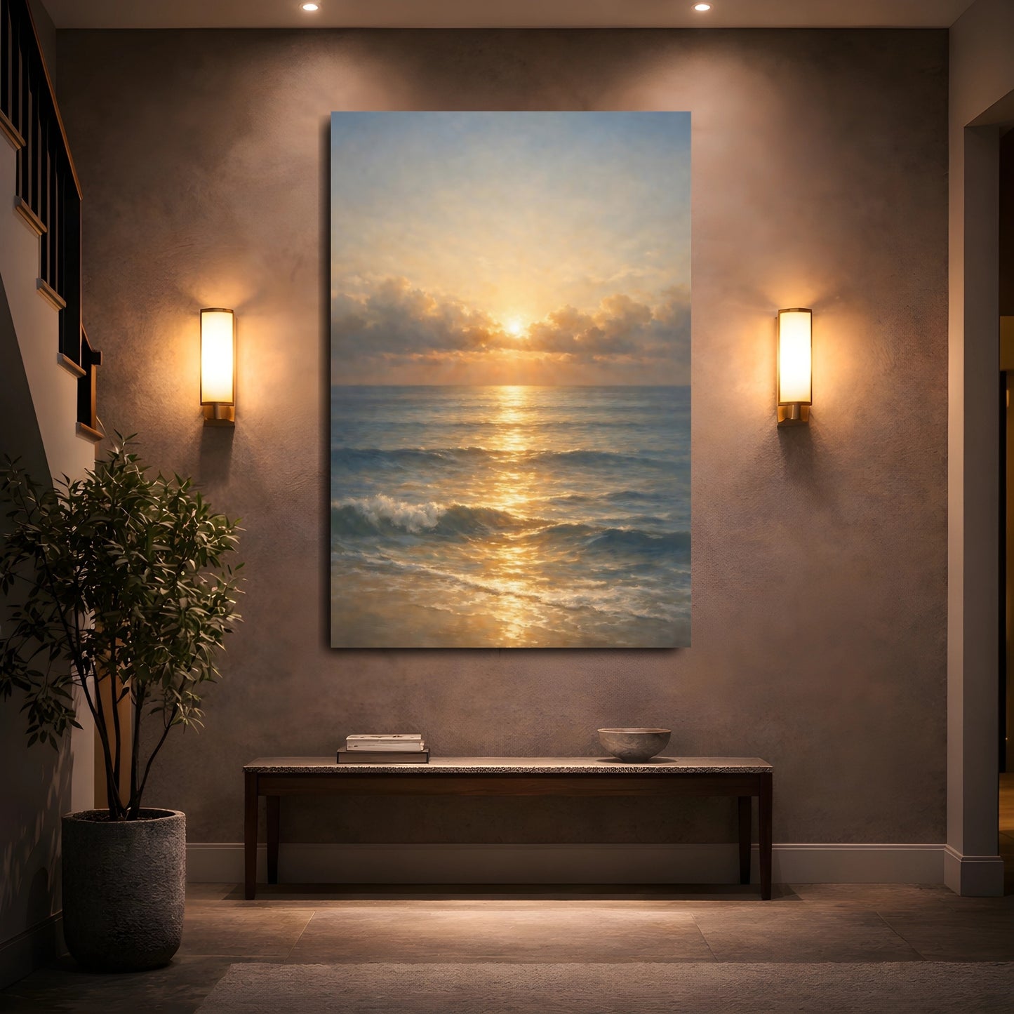 Mockup 4. Nature Ocean Sunset Golden Seascape shown as stretched canvas wall art