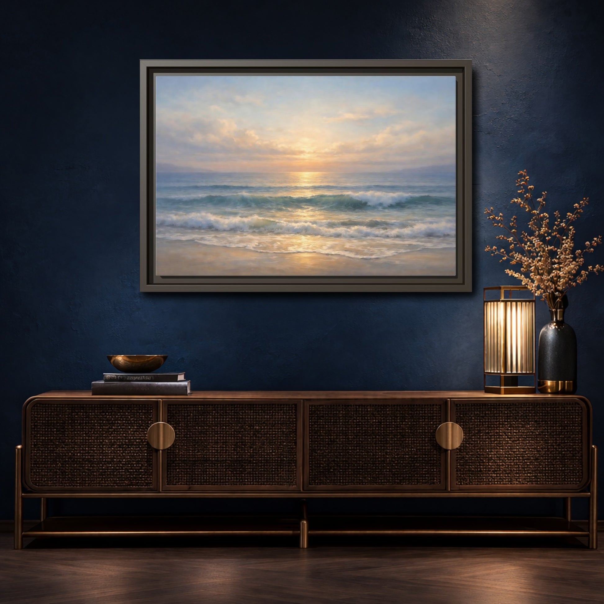 Mockup 4. Nature Ocean Sunset Golden Seascape shown as stretched canvas wall art