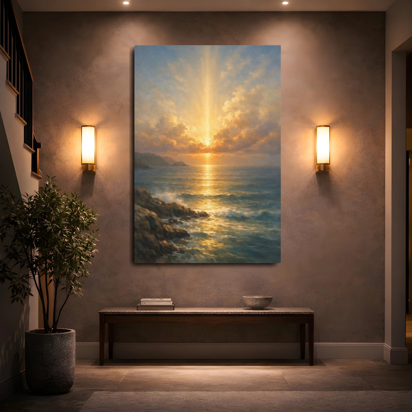 Mockup 4. Nature Ocean Sunset Golden Seascape shown as stretched canvas wall art