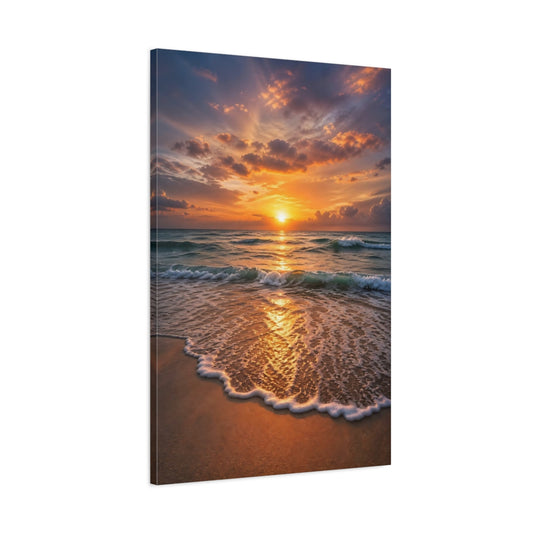 Main Mockup. Nature Ocean Sunset Golden Sunset Beach shown as stretched canvas wall art