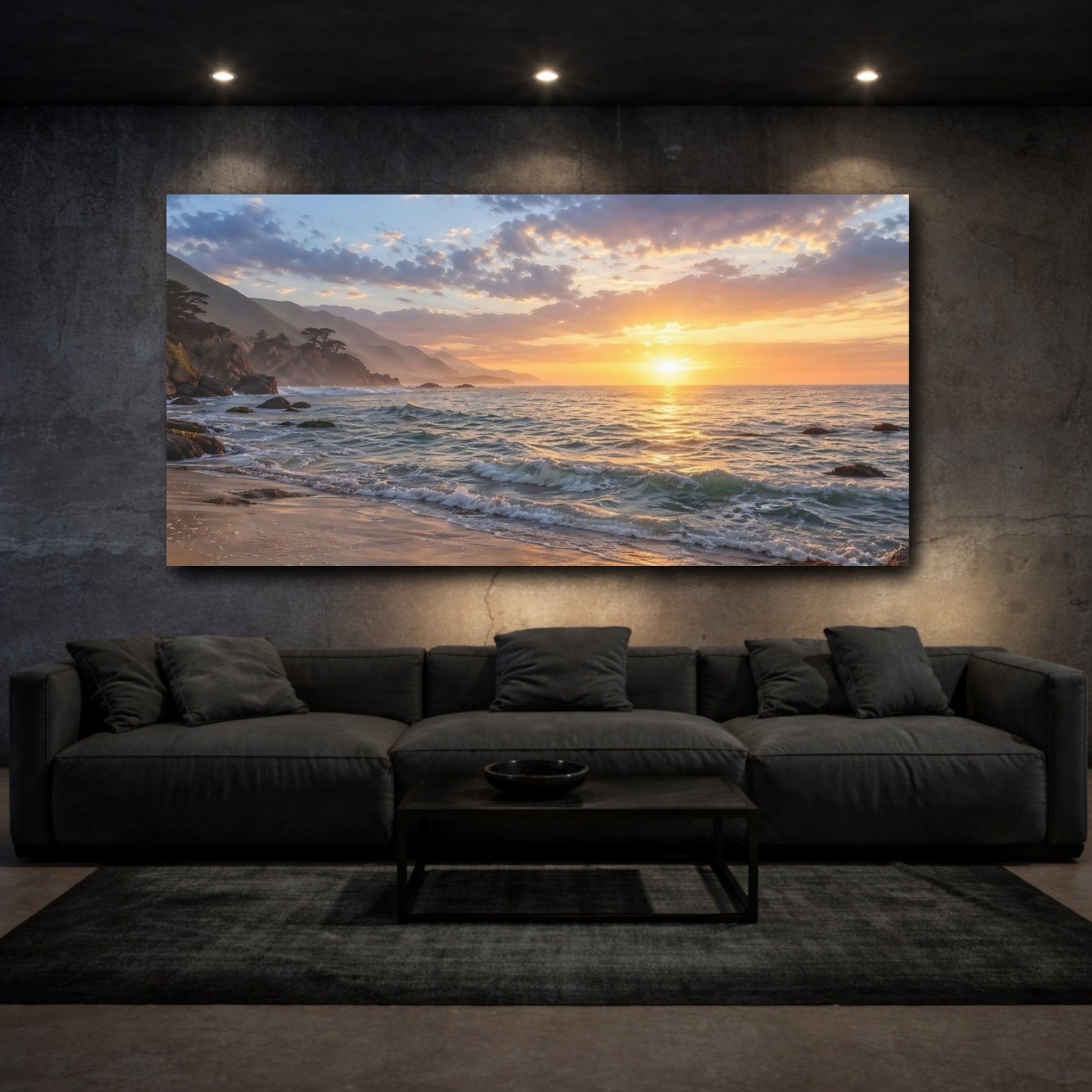 Mockup 2. Nature Ocean Sunset Golden Sunset Beach shown as stretched canvas wall art