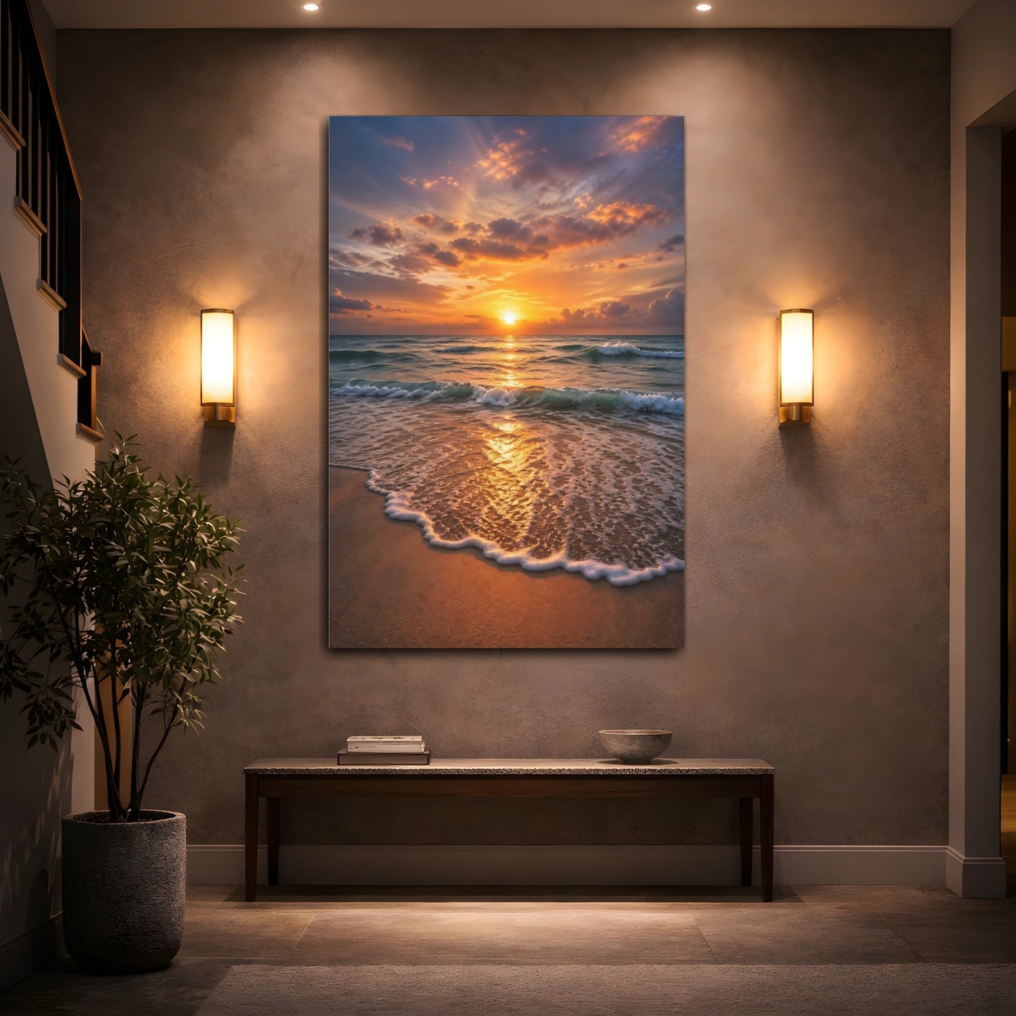 Mockup 2. Nature Ocean Sunset Golden Sunset Beach shown as stretched canvas wall art