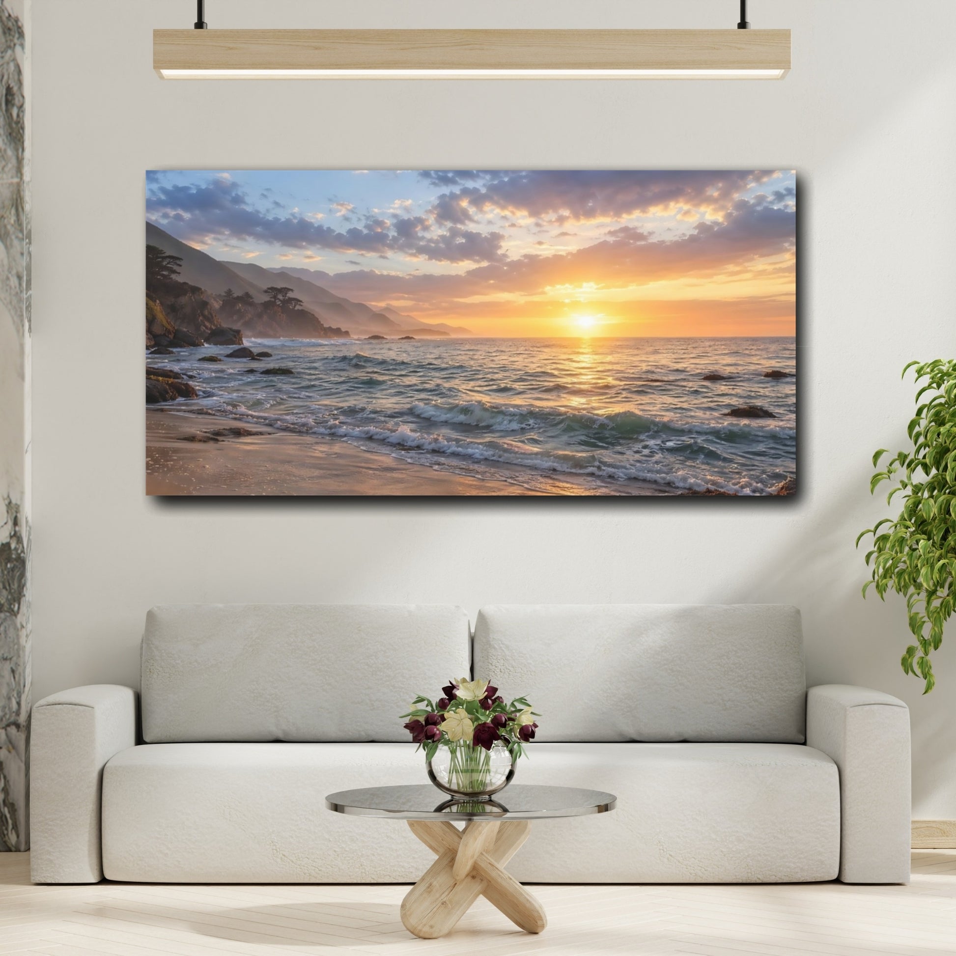 Mockup 3. Nature Ocean Sunset Golden Sunset Beach shown as stretched canvas wall art