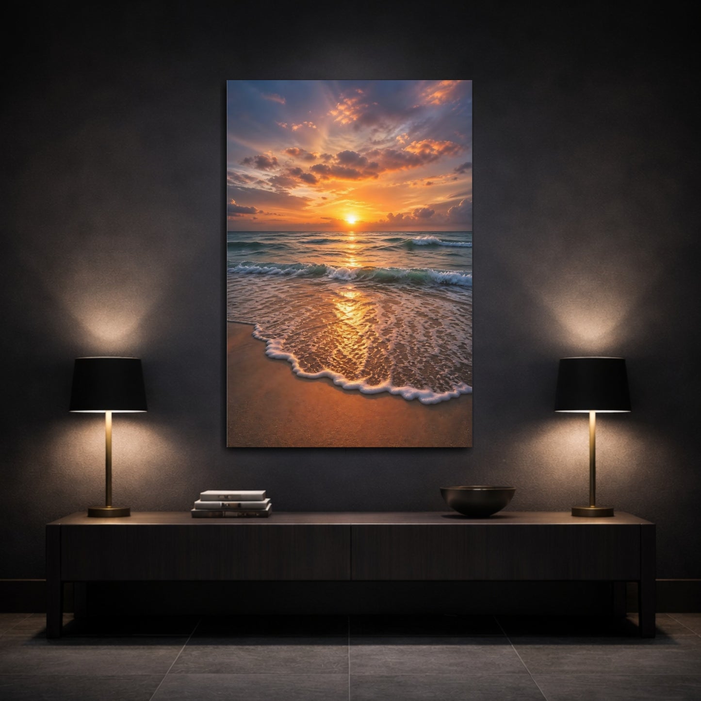 Mockup 3. Nature Ocean Sunset Golden Sunset Beach shown as stretched canvas wall art
