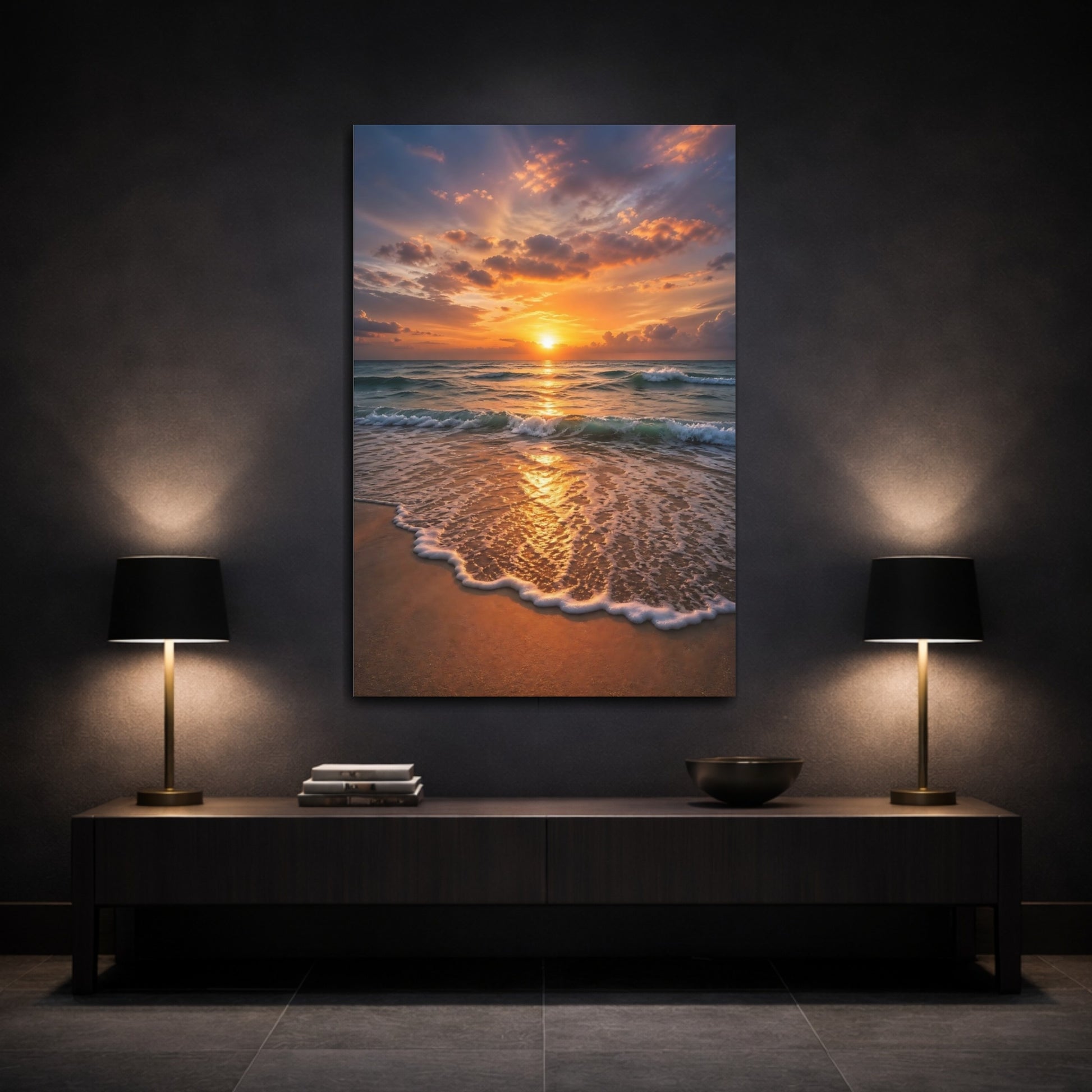 Mockup 3. Nature Ocean Sunset Golden Sunset Beach shown as stretched canvas wall art