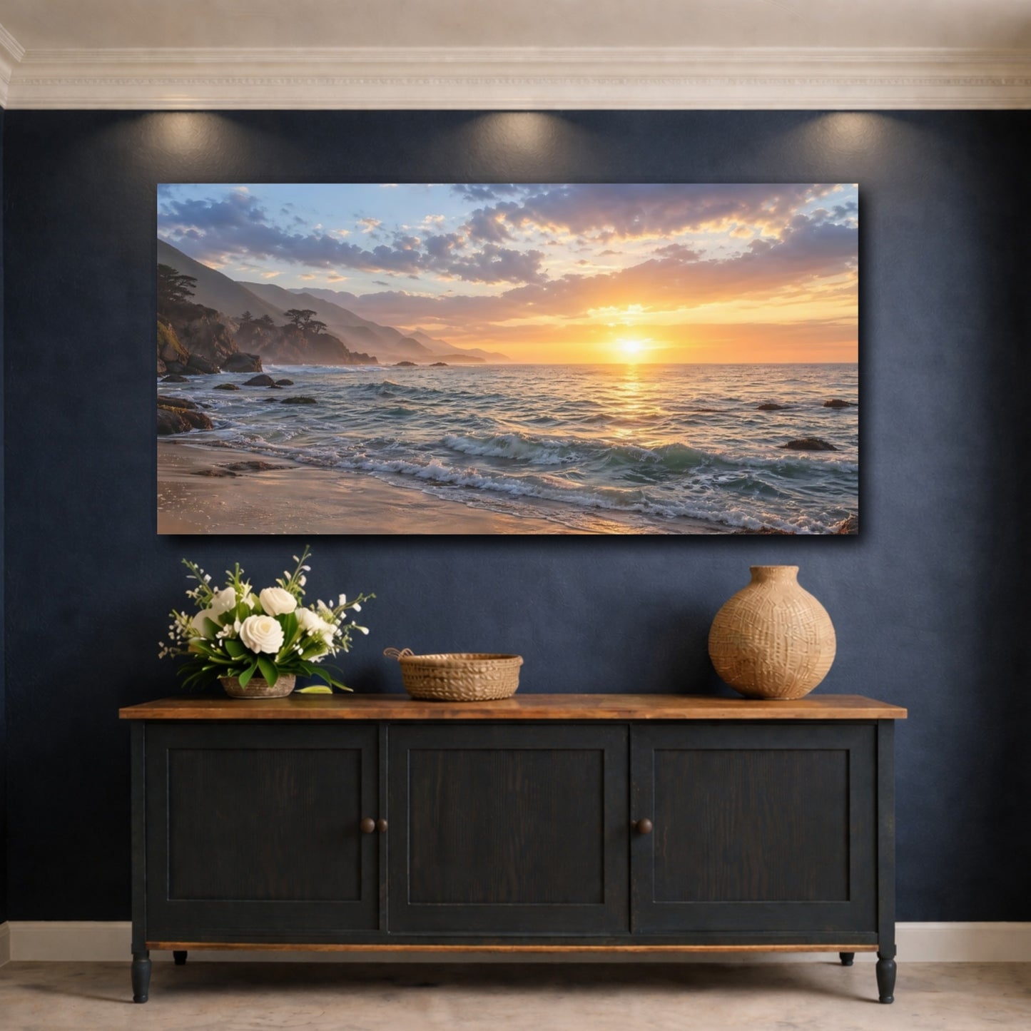 Mockup 4. Nature Ocean Sunset Golden Sunset Beach shown as stretched canvas wall art