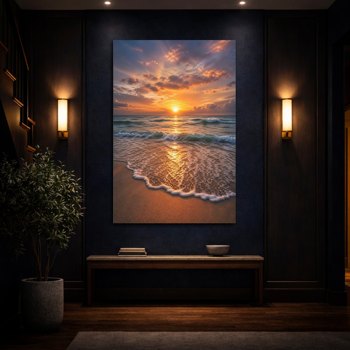 Mockup 4. Nature Ocean Sunset Golden Sunset Beach shown as stretched canvas wall art