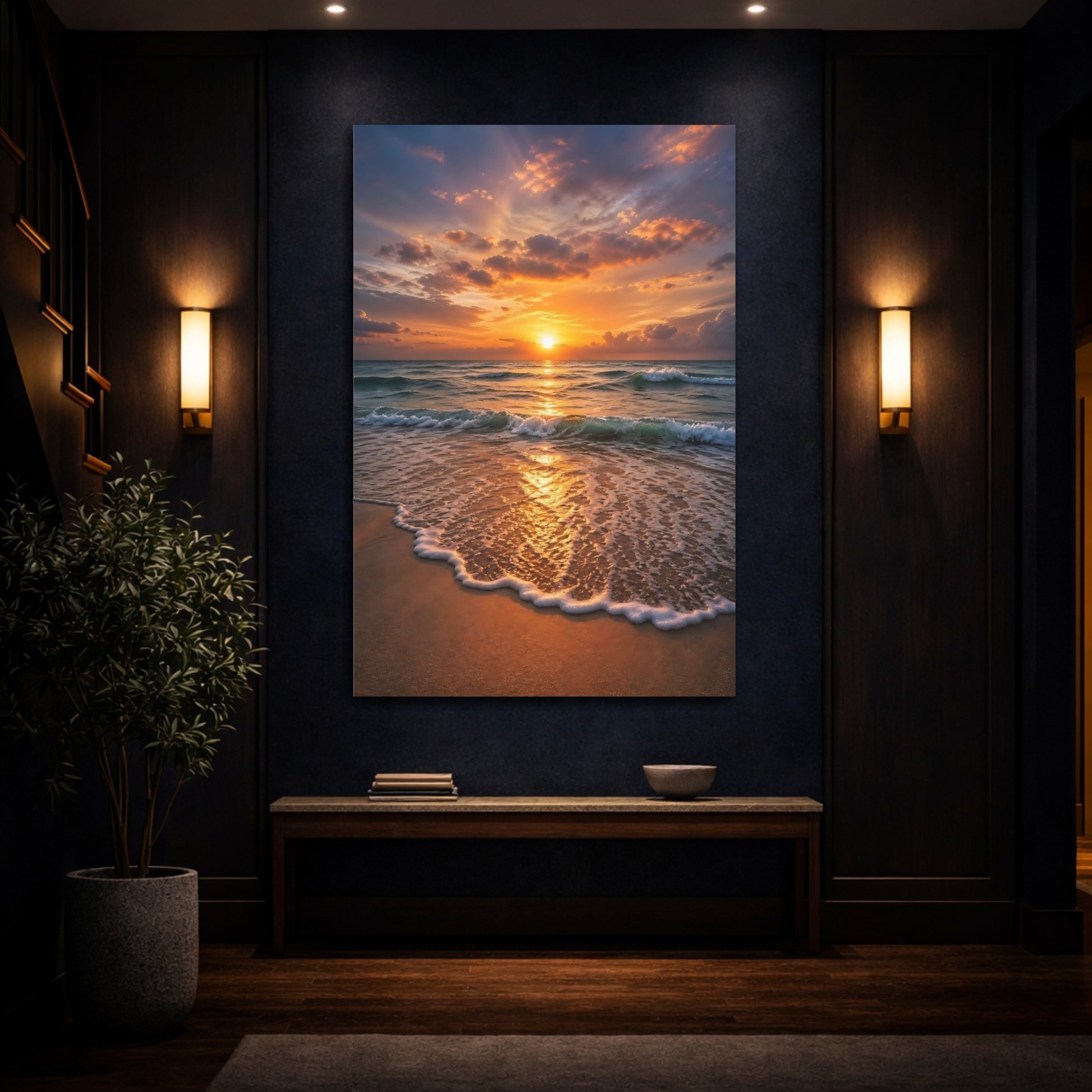 Mockup 4. Nature Ocean Sunset Golden Sunset Beach shown as stretched canvas wall art