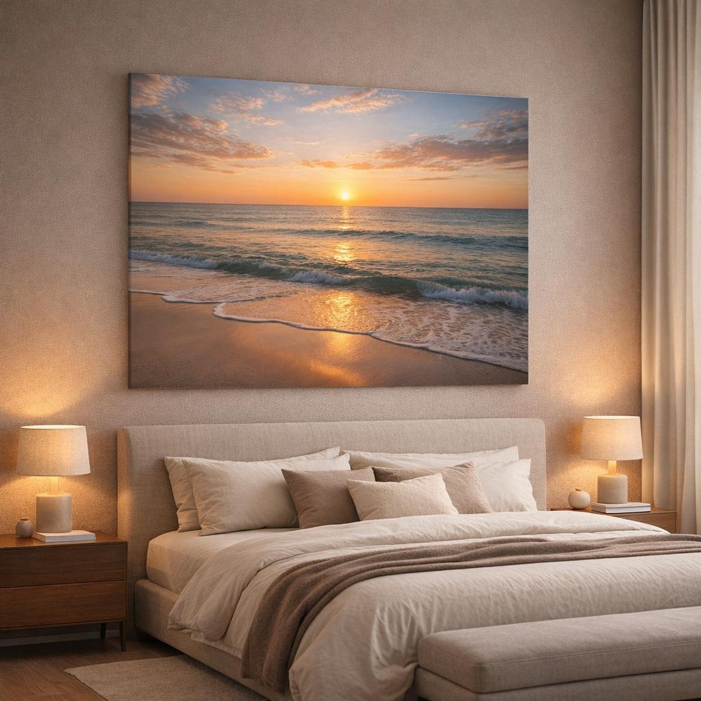 Nature Ocean Sunset Golden Sunset shown as canvas wall art in a luxury bedroom