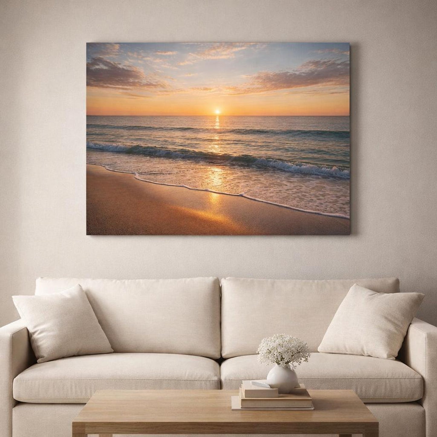 Nature Ocean Sunset Golden Sunset shown as canvas wall art in a sophisticated contemporary living space