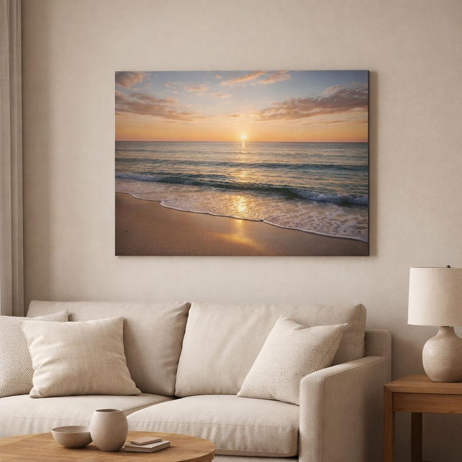 Nature Ocean Sunset Golden Sunset shown as canvas wall art in a modern living room