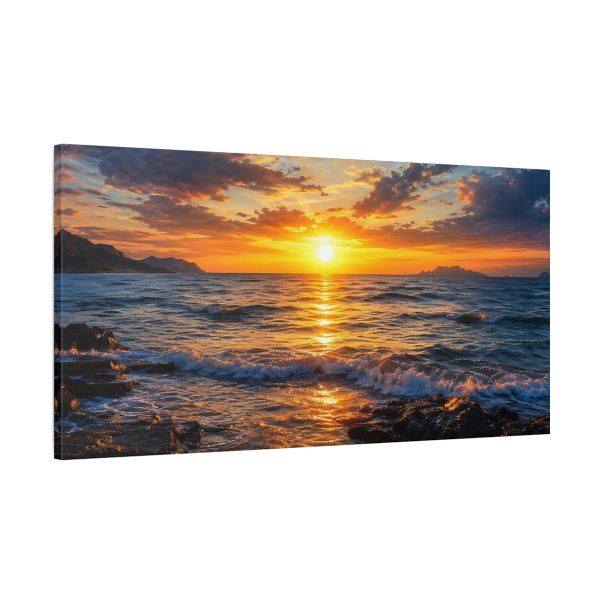 Main Mockup. Nature Ocean Sunset Golden Sunset shown as stretched canvas wall art