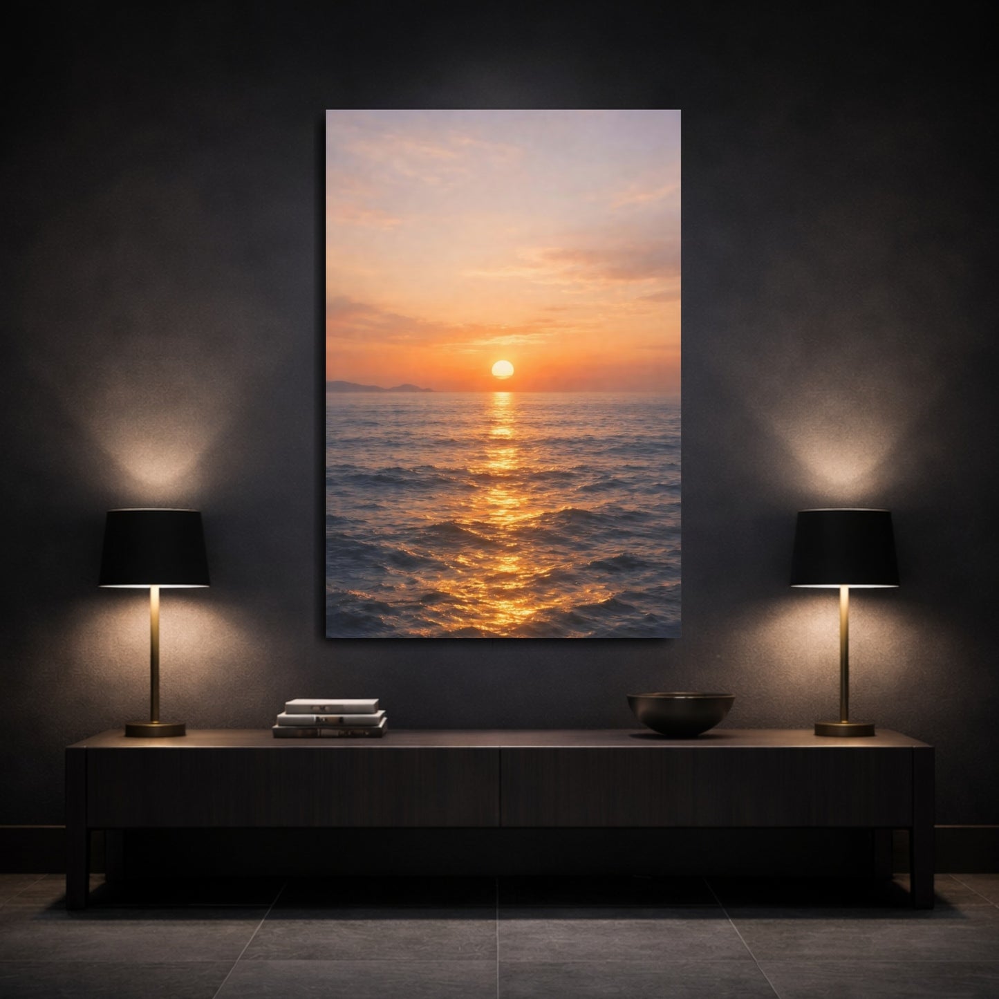 Mockup 2. Nature Ocean Sunset Golden Sunset Ocean shown as stretched canvas wall art
