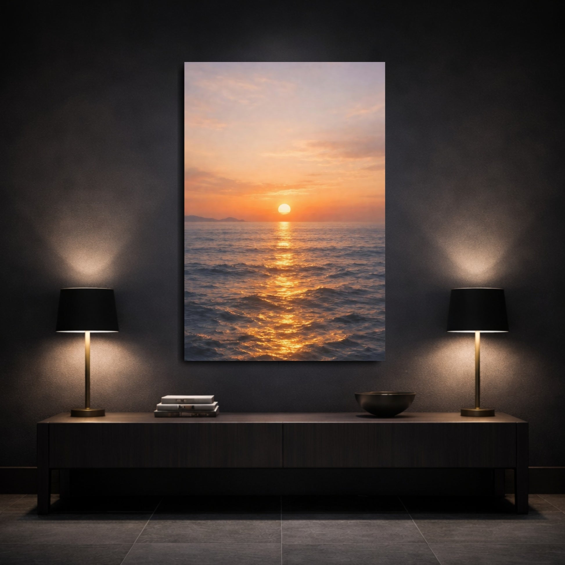 Mockup 2. Nature Ocean Sunset Golden Sunset Ocean shown as stretched canvas wall art
