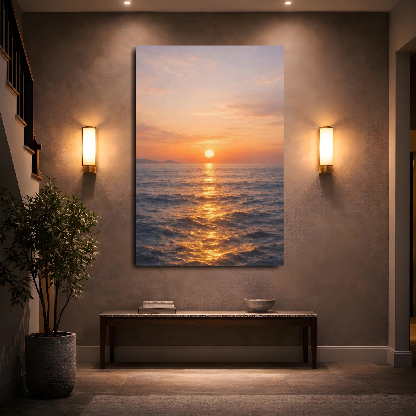 Mockup 4. Nature Ocean Sunset Golden Sunset Ocean shown as stretched canvas wall art