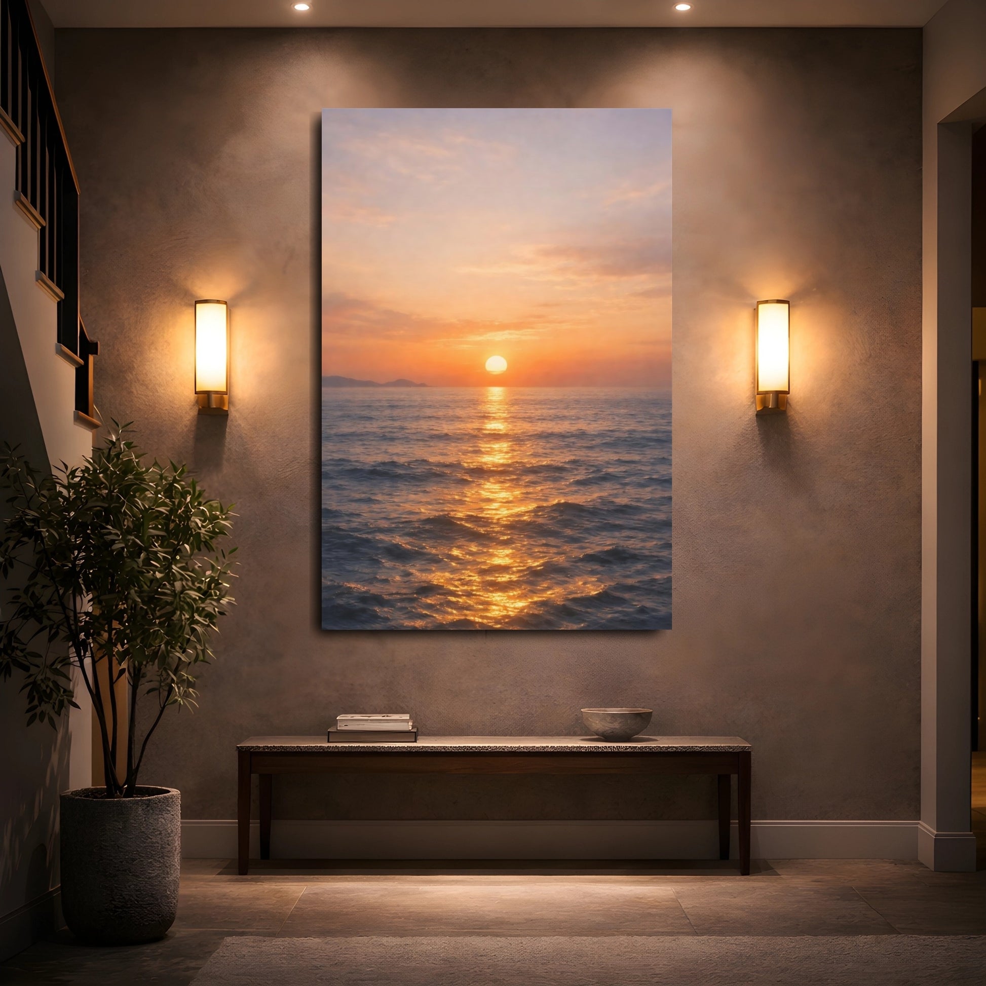 Mockup 4. Nature Ocean Sunset Golden Sunset Ocean shown as stretched canvas wall art