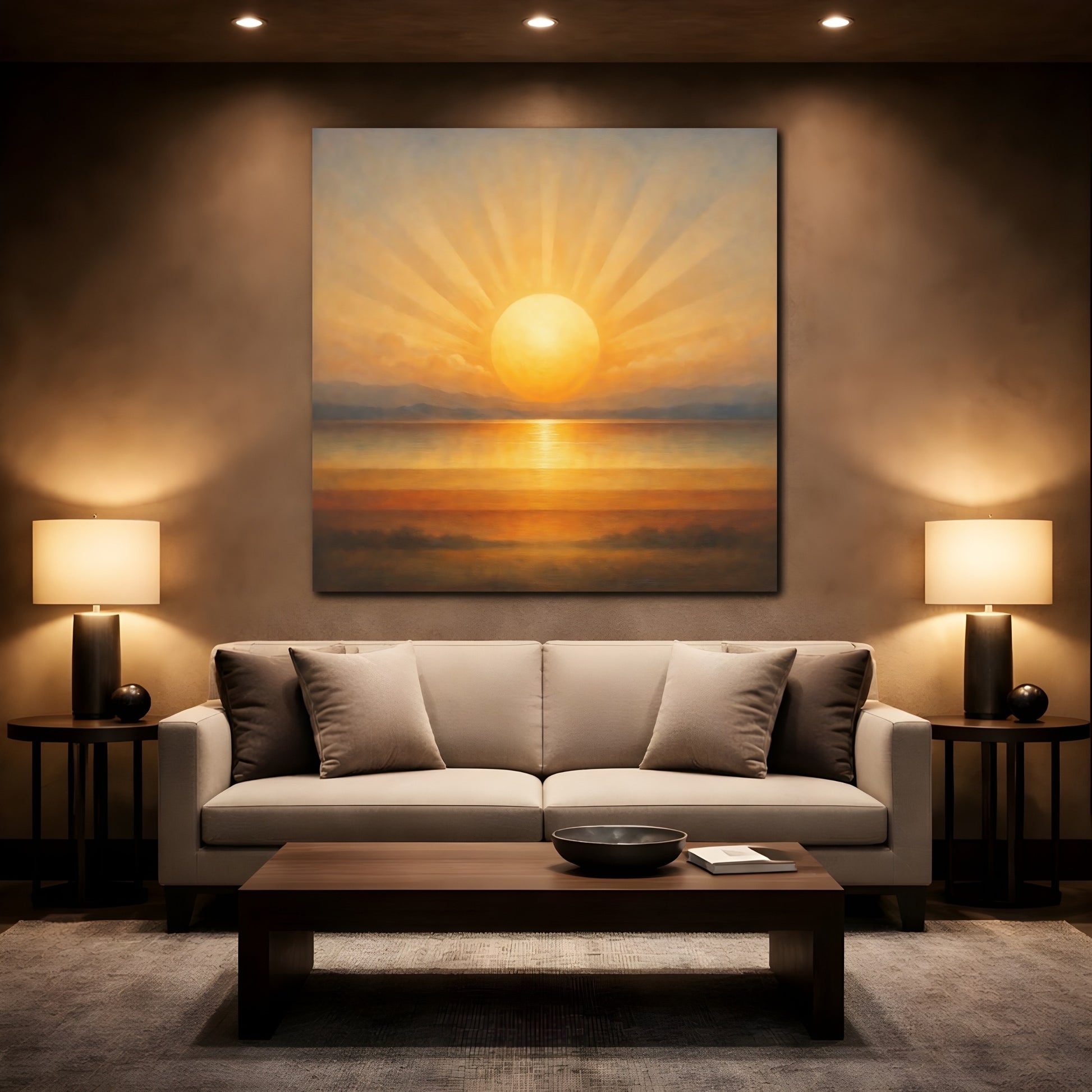 Mockup 2. Nature Ocean Sunset Golden Sunset shown as stretched canvas wall art