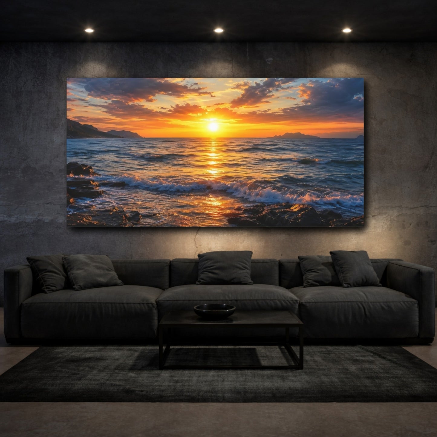 Mockup 2. Nature Ocean Sunset Golden Sunset shown as stretched canvas wall art