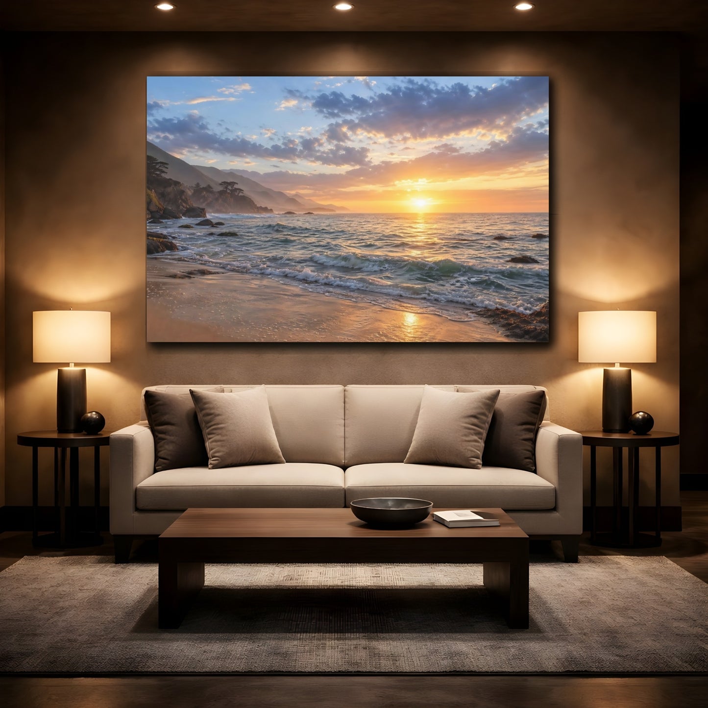 Mockup 2. Nature Ocean Sunset Golden Sunset shown as stretched canvas wall art