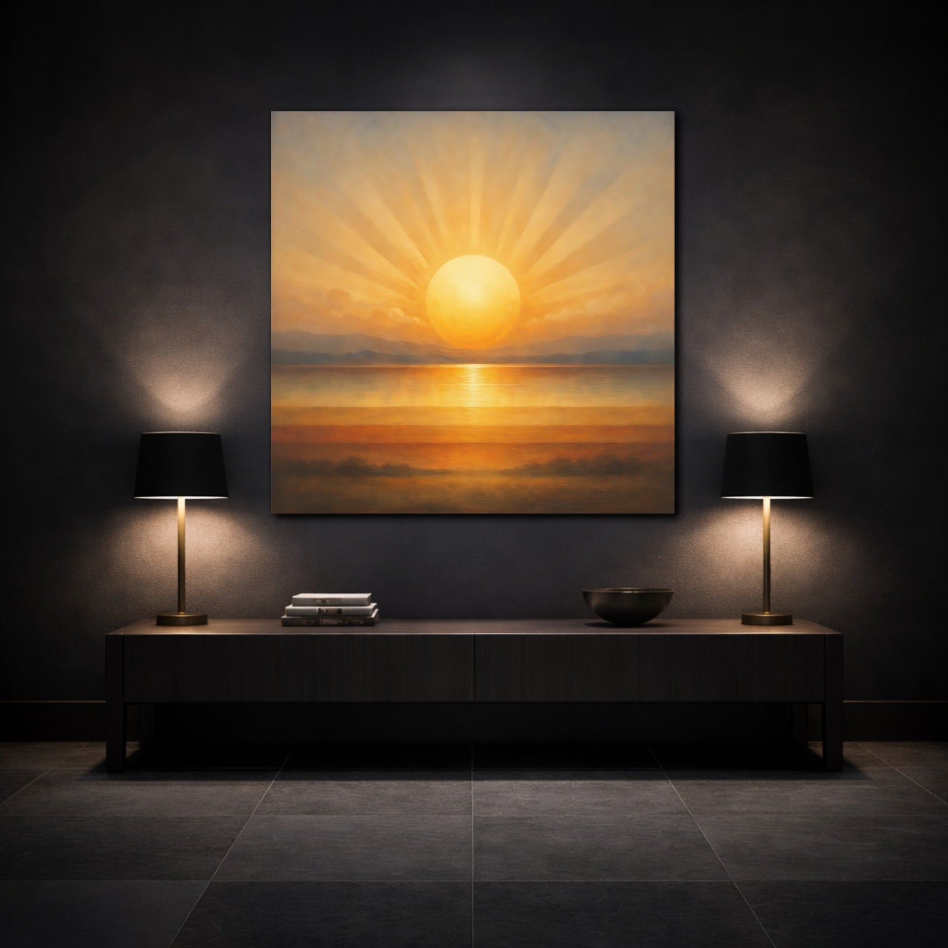 Mockup 3. Nature Ocean Sunset Golden Sunset shown as stretched canvas wall art