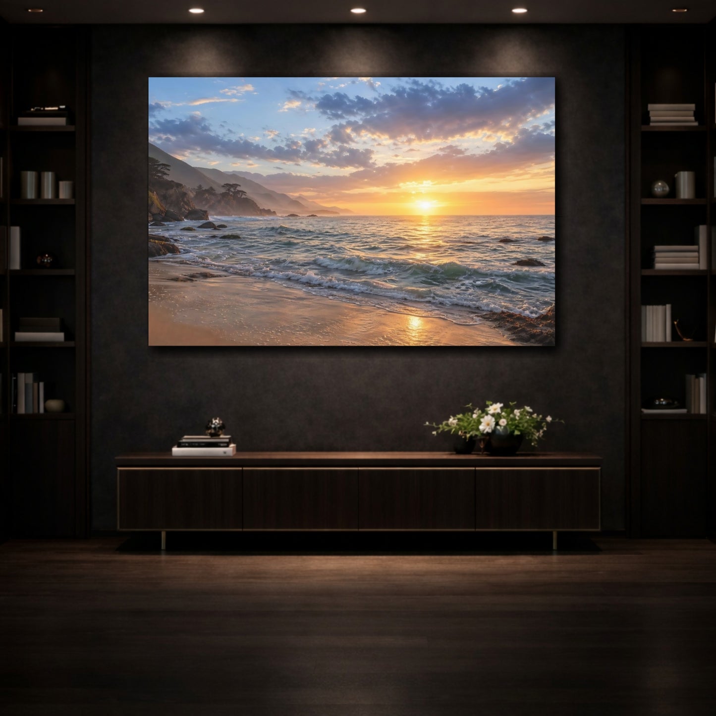 Mockup 3. Nature Ocean Sunset Golden Sunset shown as stretched canvas wall art