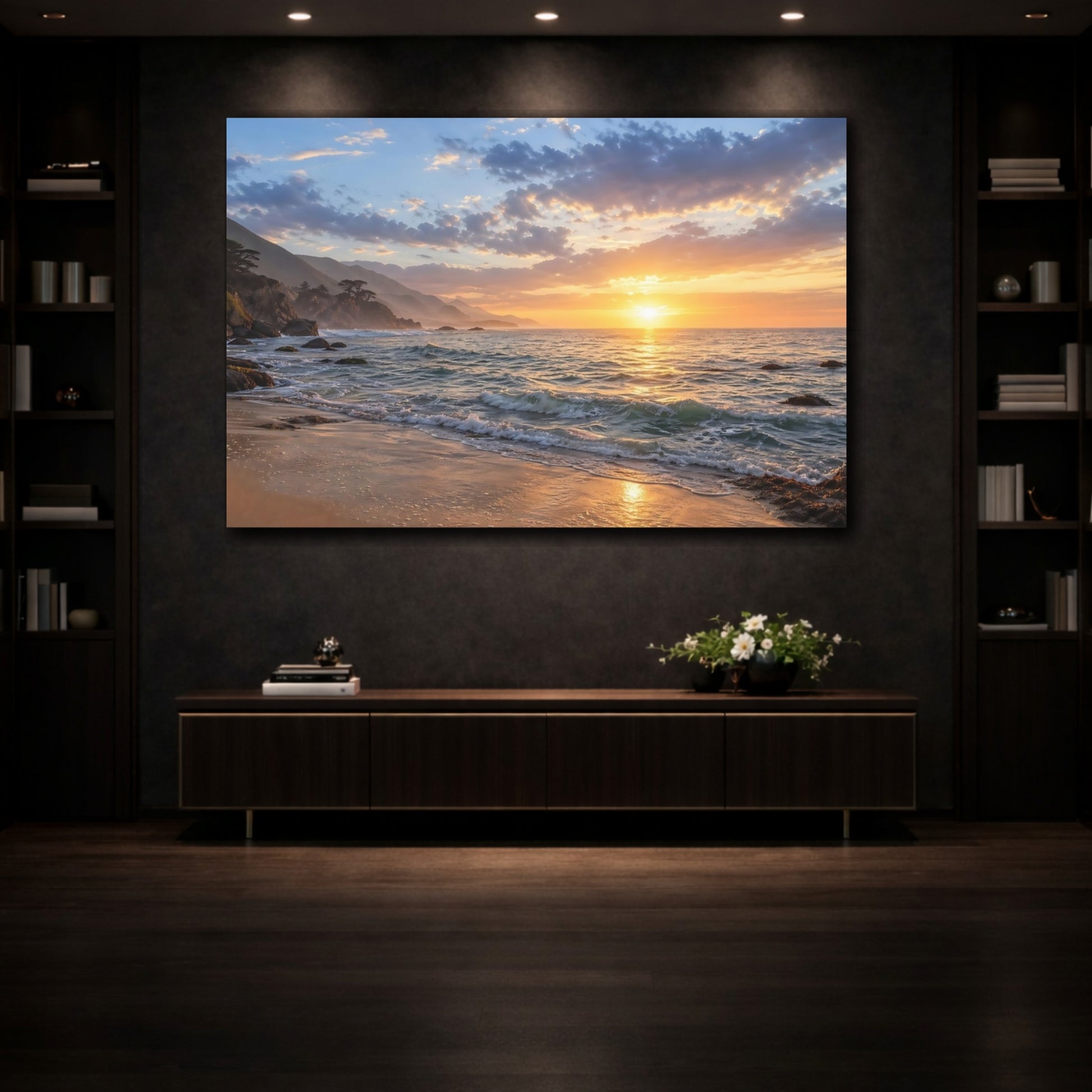 Mockup 3. Nature Ocean Sunset Golden Sunset shown as stretched canvas wall art