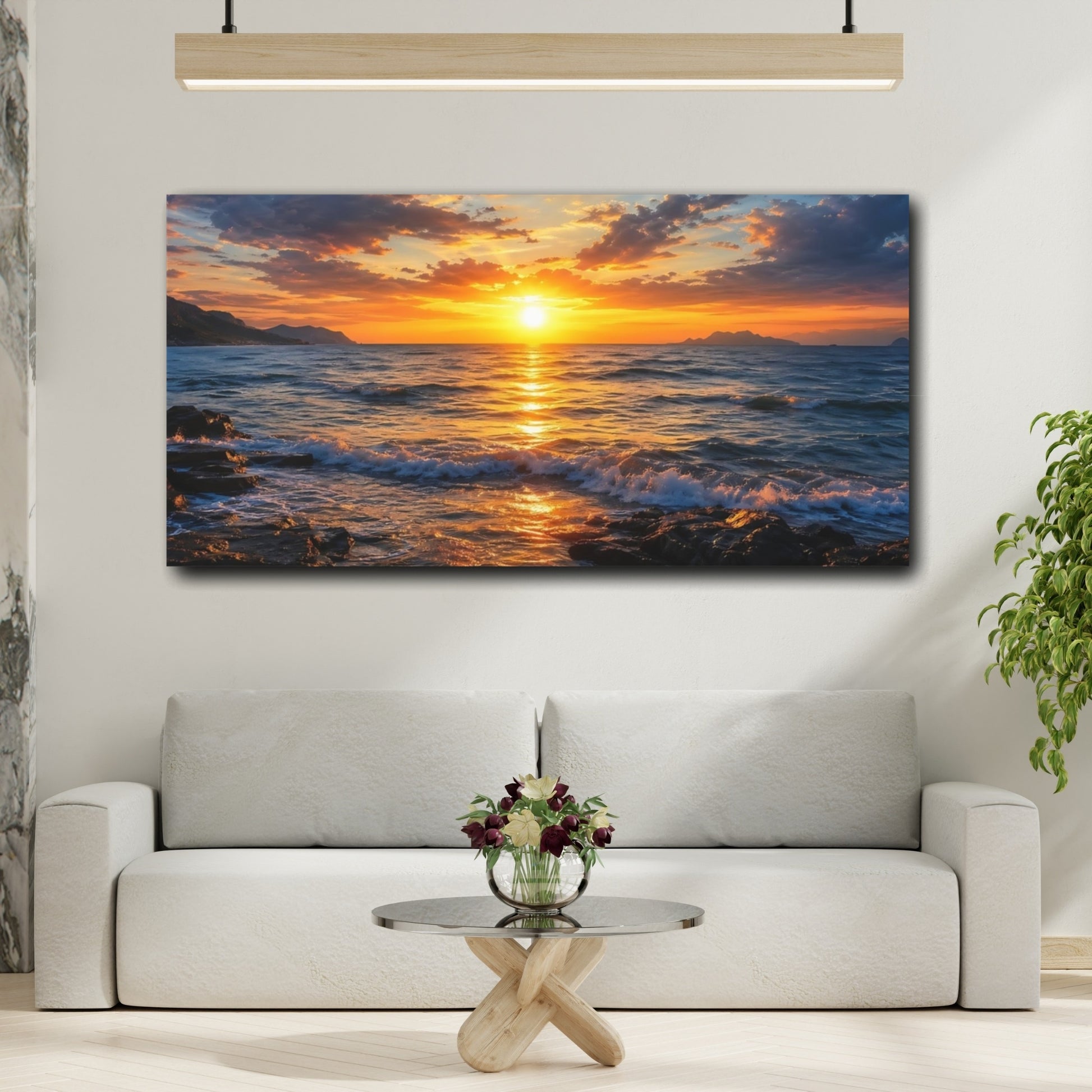 Mockup 3. Nature Ocean Sunset Golden Sunset shown as stretched canvas wall art