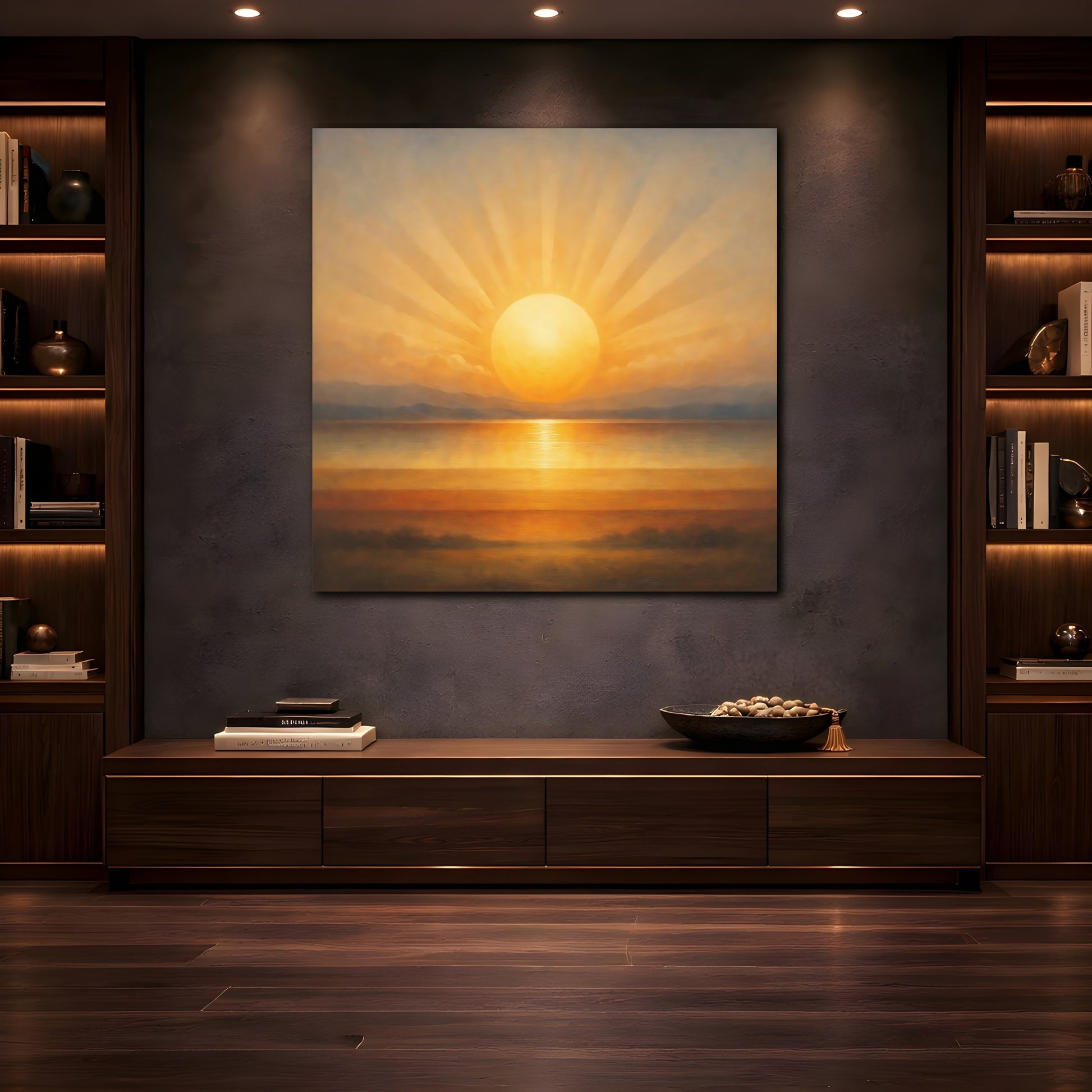 Mockup 4. Nature Ocean Sunset Golden Sunset shown as stretched canvas wall art
