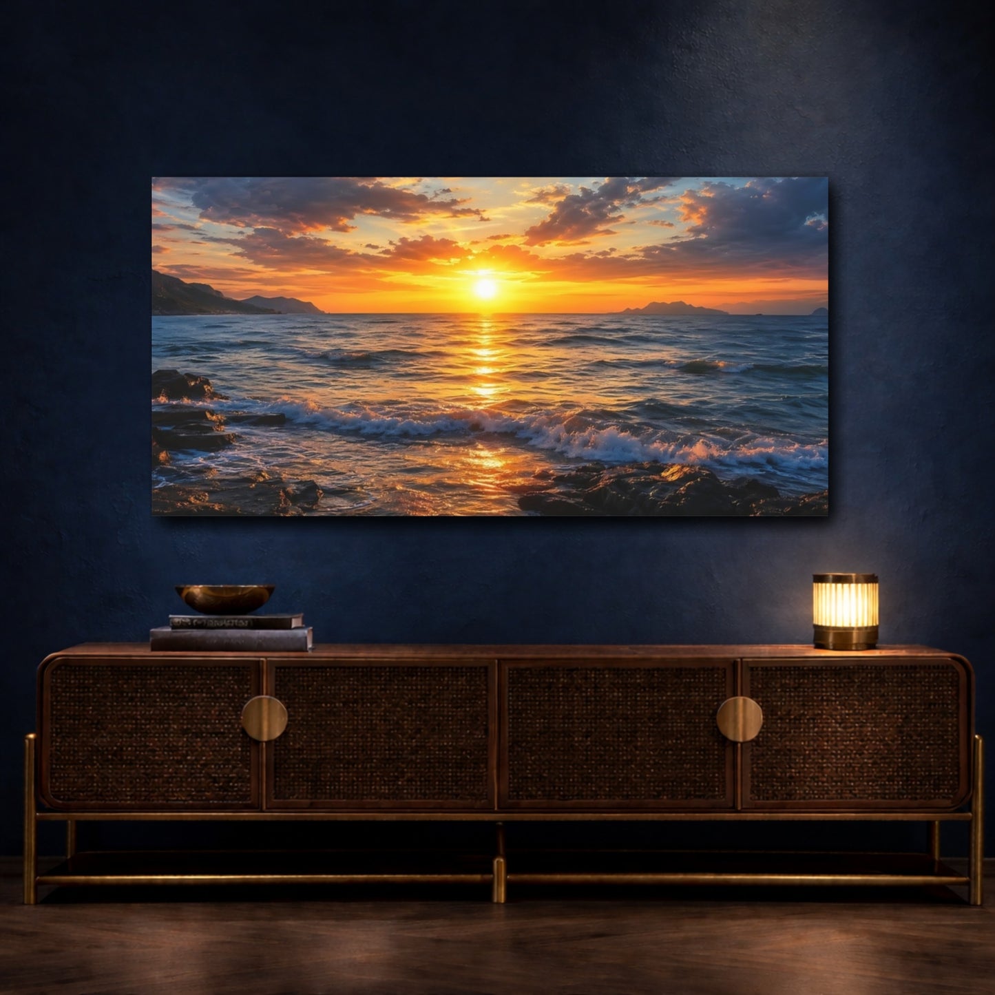 Mockup 4. Nature Ocean Sunset Golden Sunset shown as stretched canvas wall art