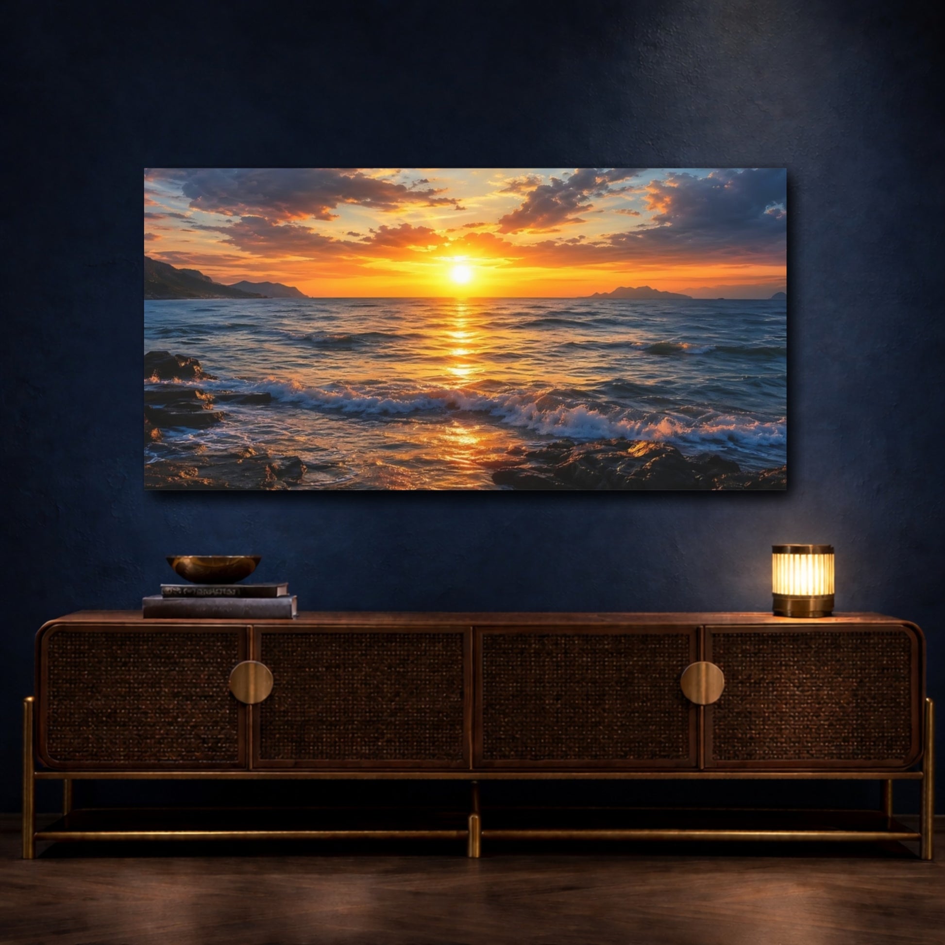 Mockup 4. Nature Ocean Sunset Golden Sunset shown as stretched canvas wall art