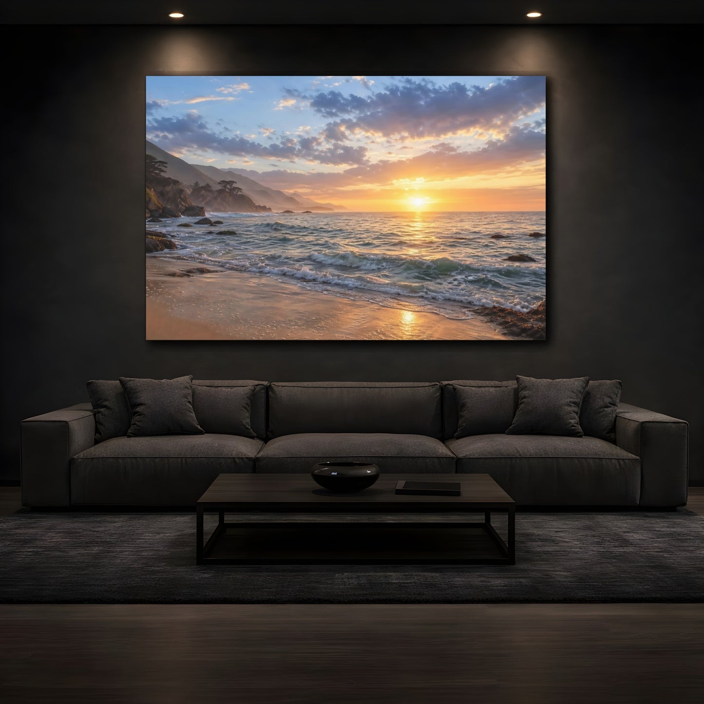 Mockup 4. Nature Ocean Sunset Golden Sunset shown as stretched canvas wall art