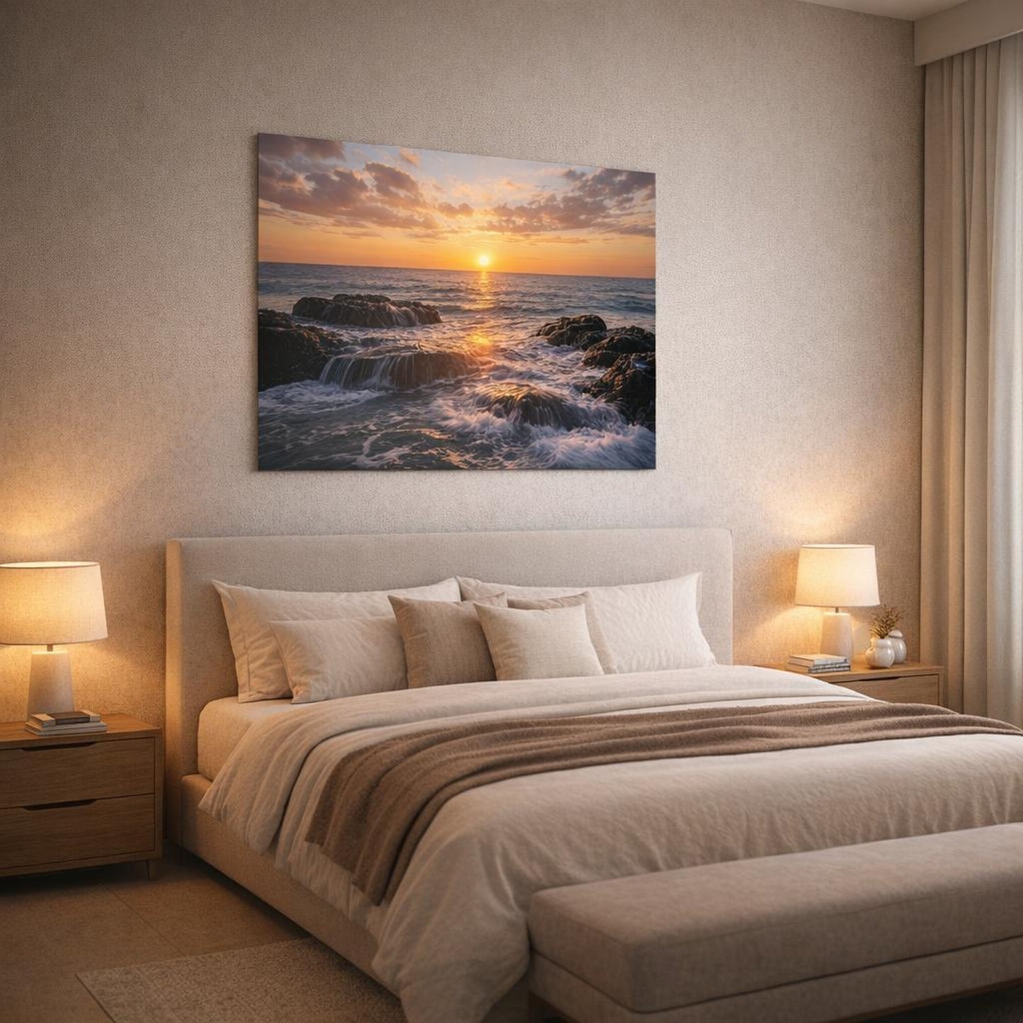 Nature Ocean Sunset Ocean Sunset shown as canvas wall art in a luxury bedroom