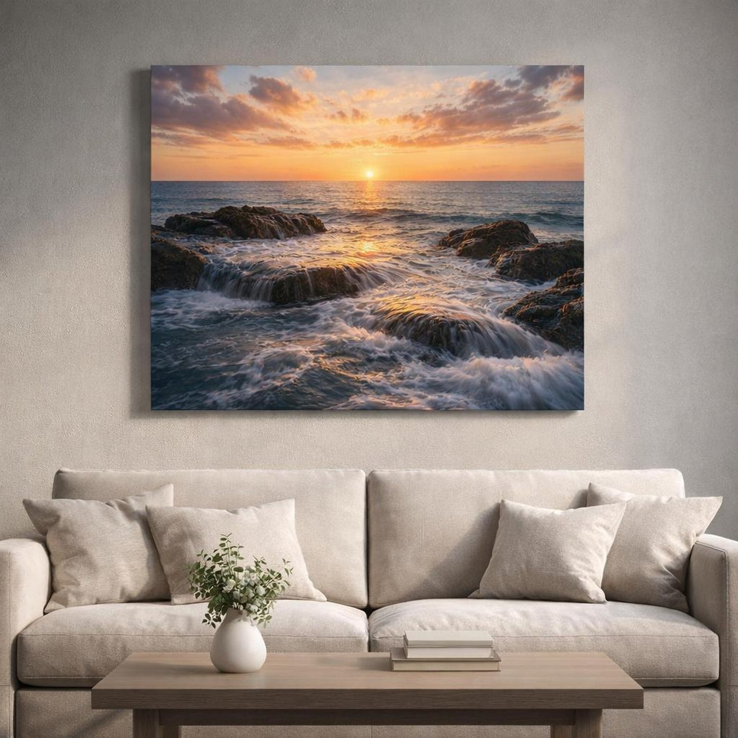Nature Ocean Sunset Ocean Sunset shown as canvas wall art in a sophisticated contemporary living space