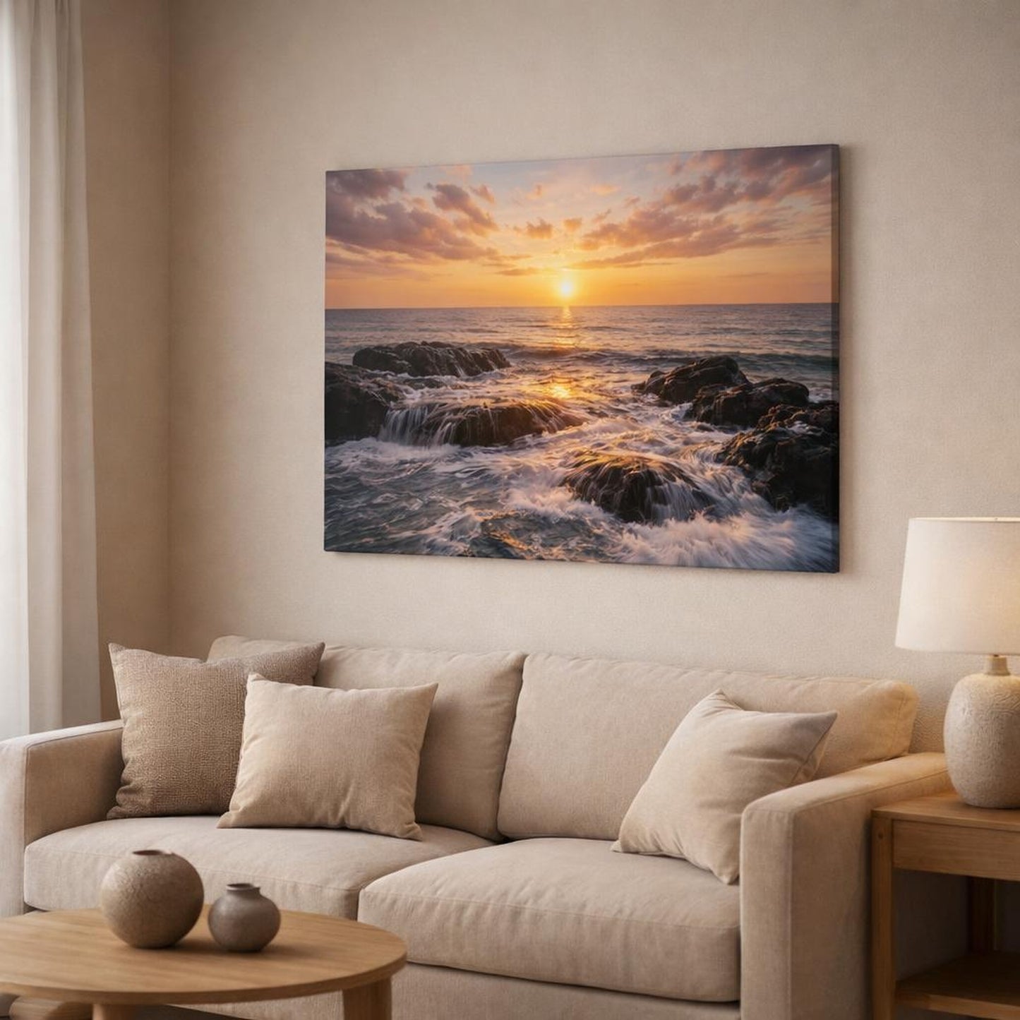 Nature Ocean Sunset Ocean Sunset shown as canvas wall art in a modern living room