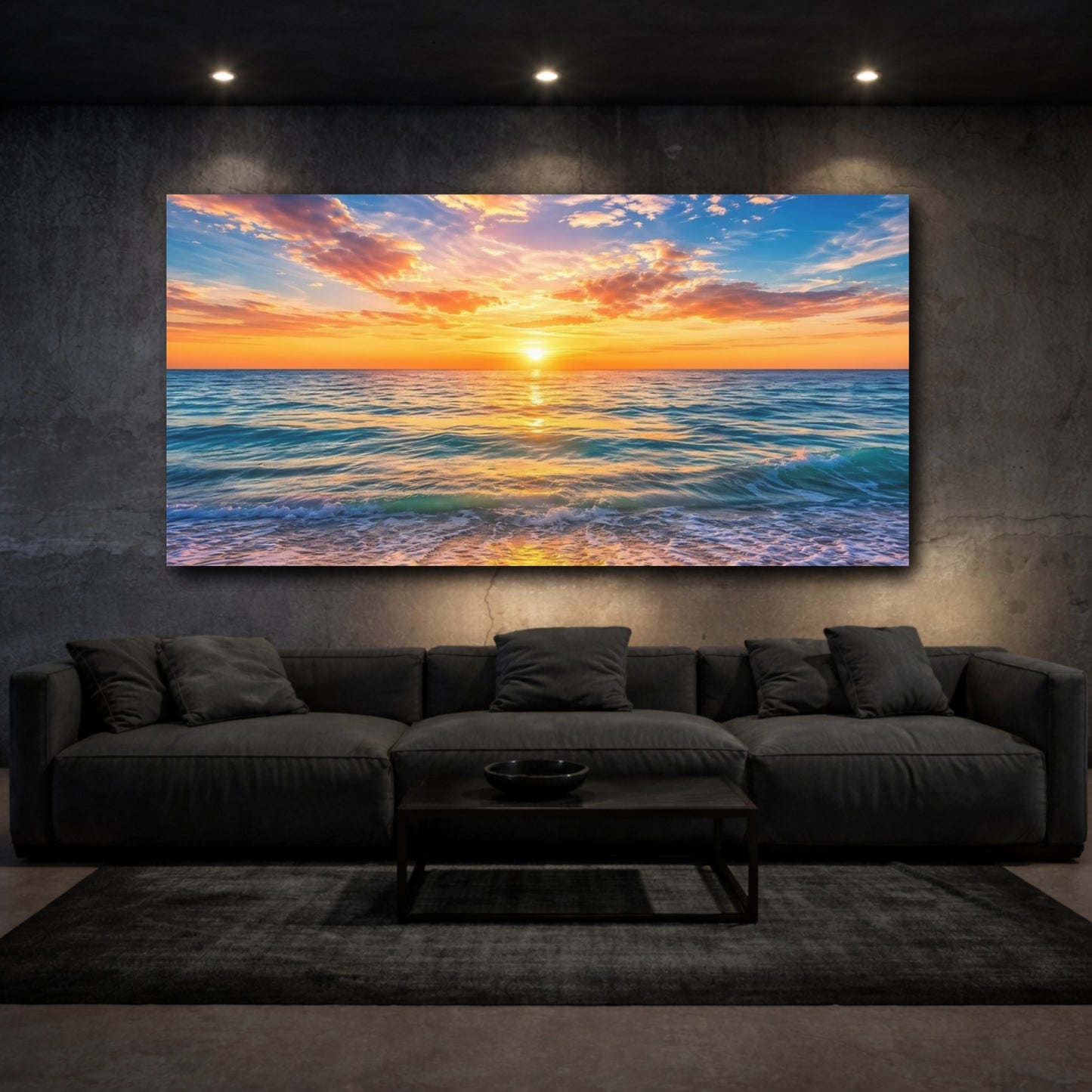 Mockup 2. Nature Ocean Sunset Ocean Sunset shown as stretched canvas wall art